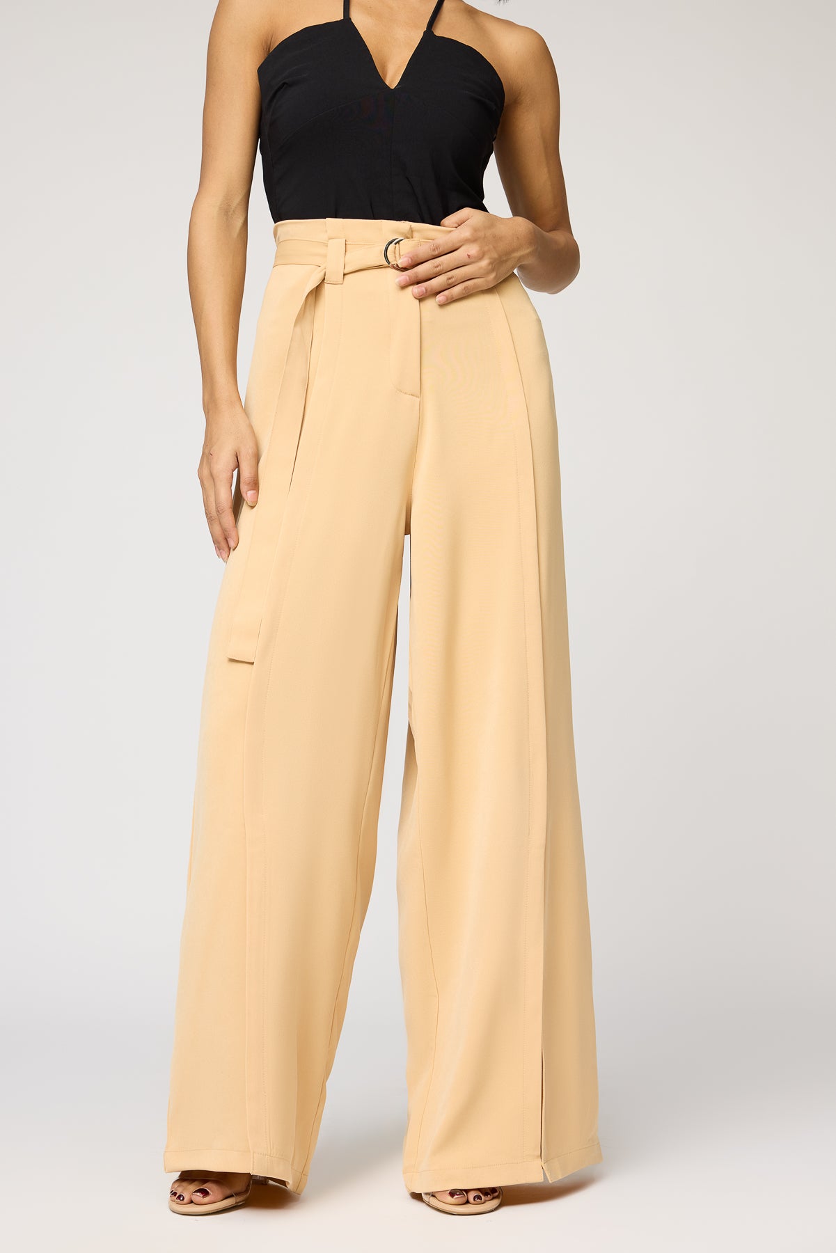 Soft Sand Belted Women's Flared Korean Pants