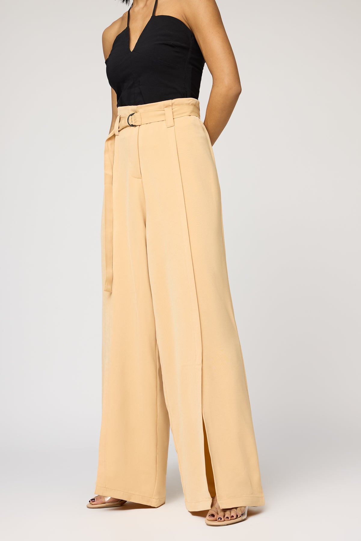 Soft Sand Belted Women's Flared Korean Pants