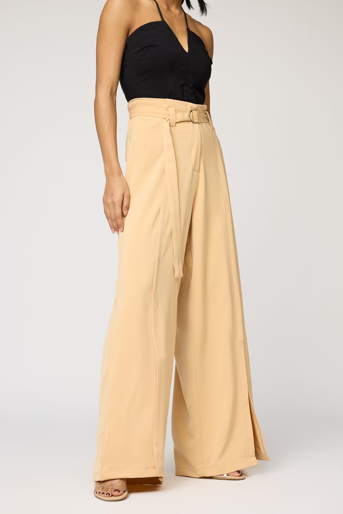 Soft Sand Belted Women's Flared Korean Pants