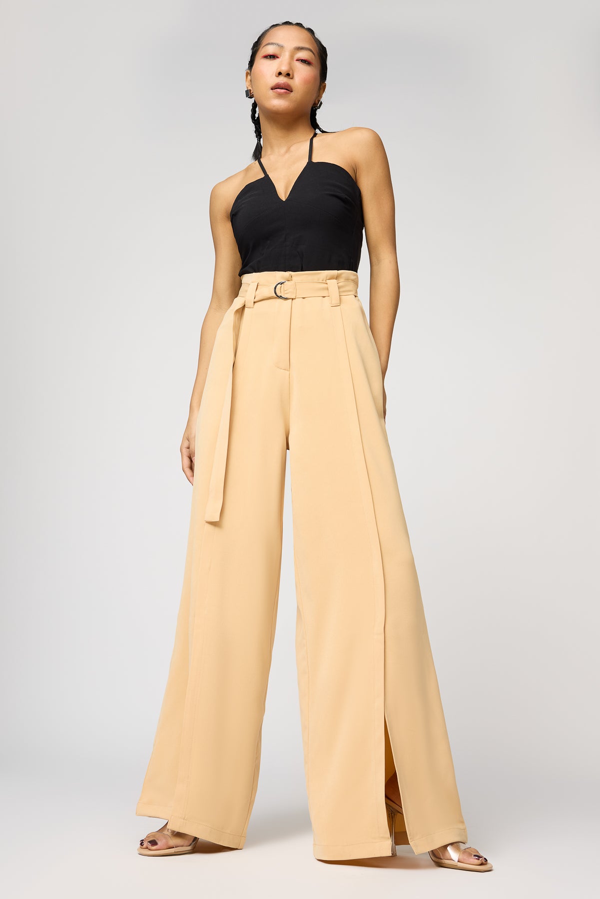 Soft Sand Belted Women's Flared Korean Pants
