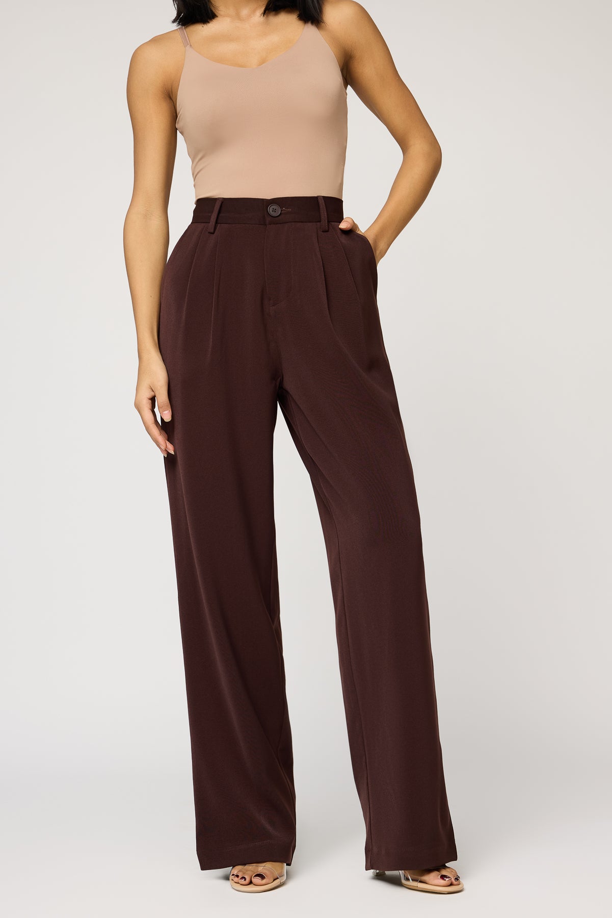 Deep Chestnut Double Pleated Women's Straight Korean Pants
