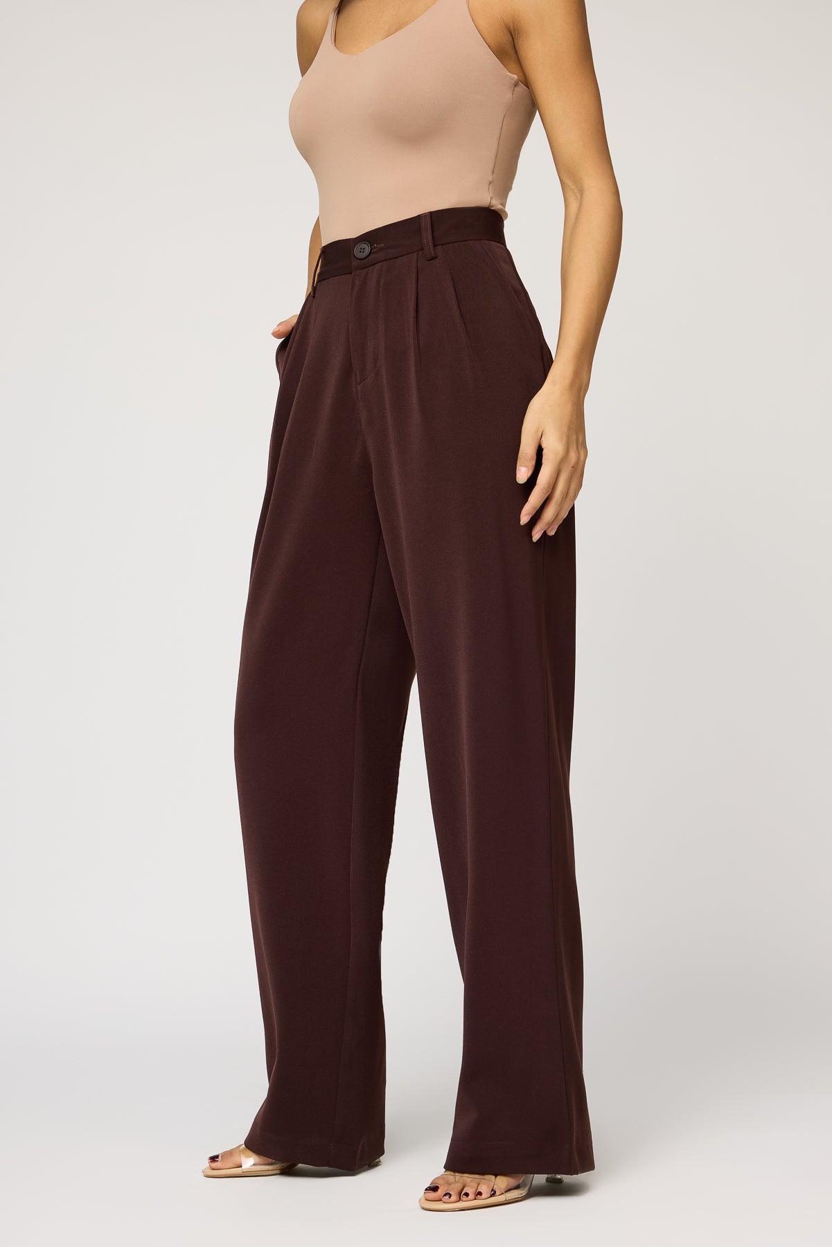 Deep Chestnut Double Pleated Women's Straight Korean Pants