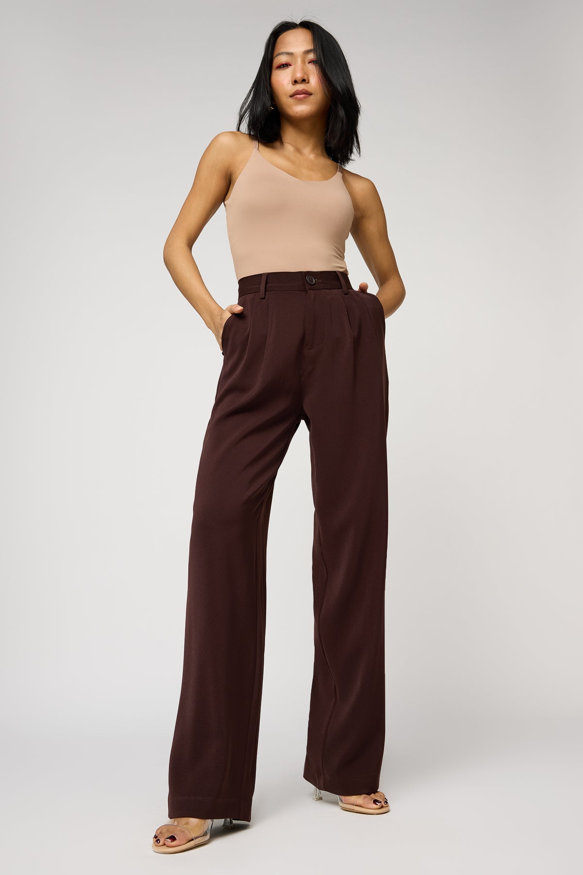 Deep Chestnut Double Pleated Women's Straight Korean Pants
