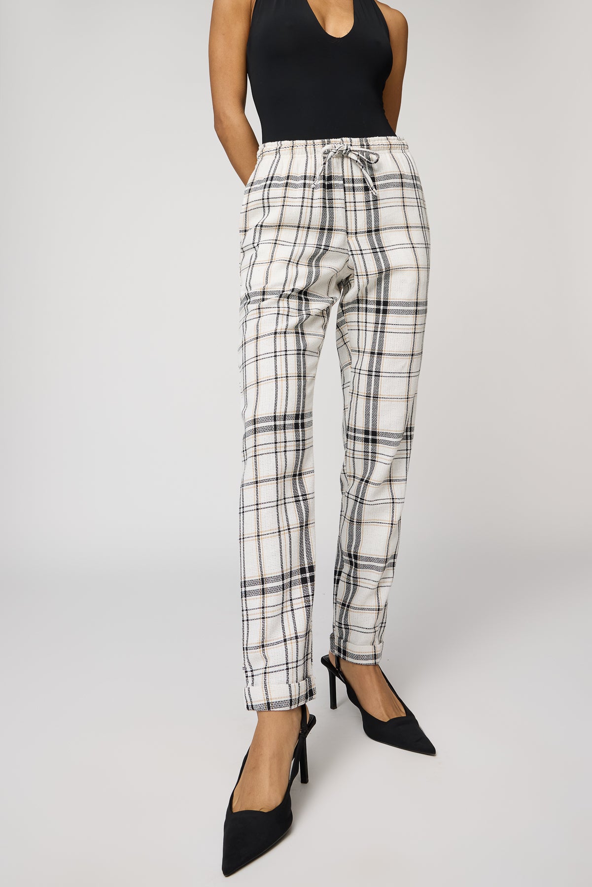 Grid Glam White and Black Checkered Pants