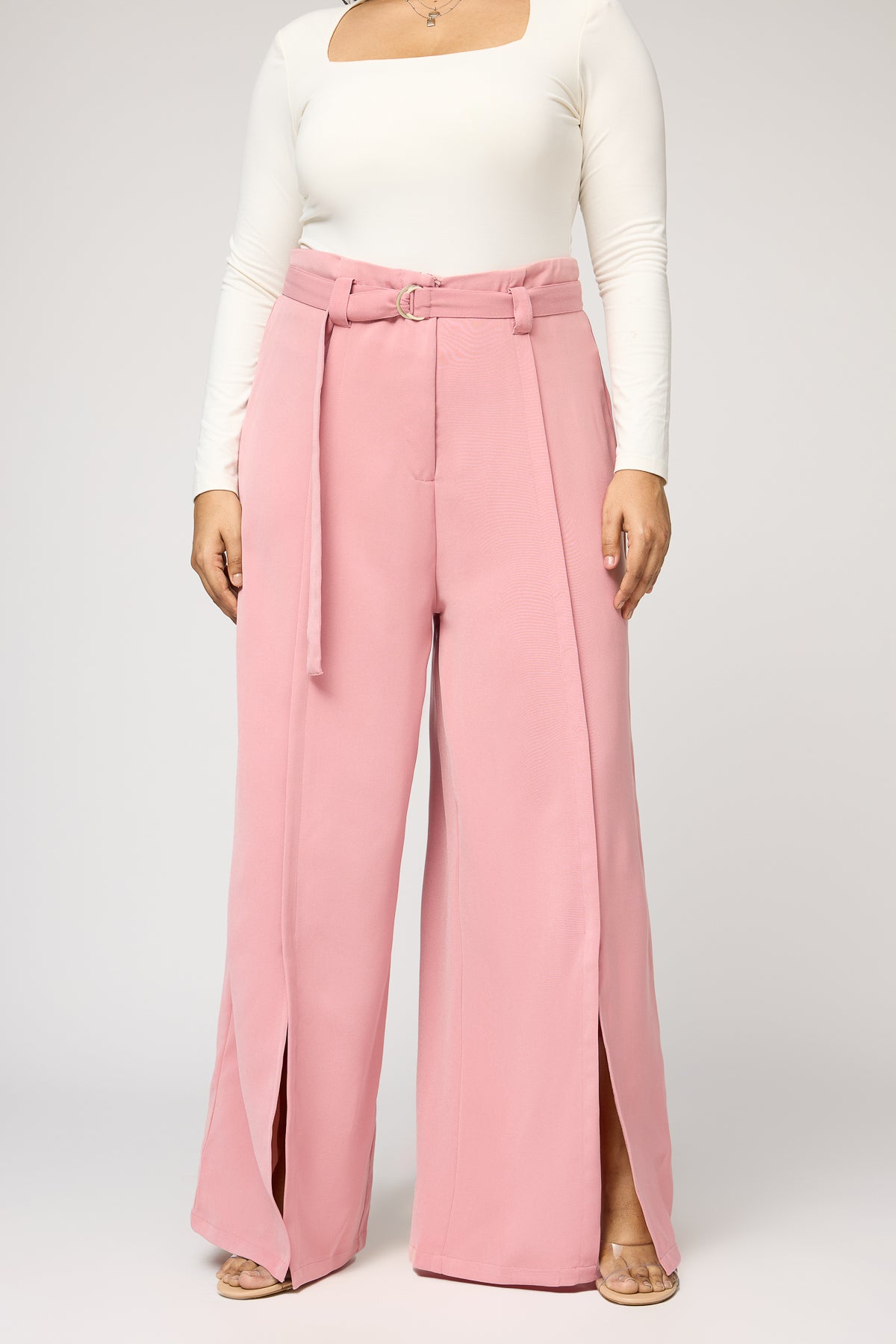 Curve Peony Pink Belted Flared Korean Pants