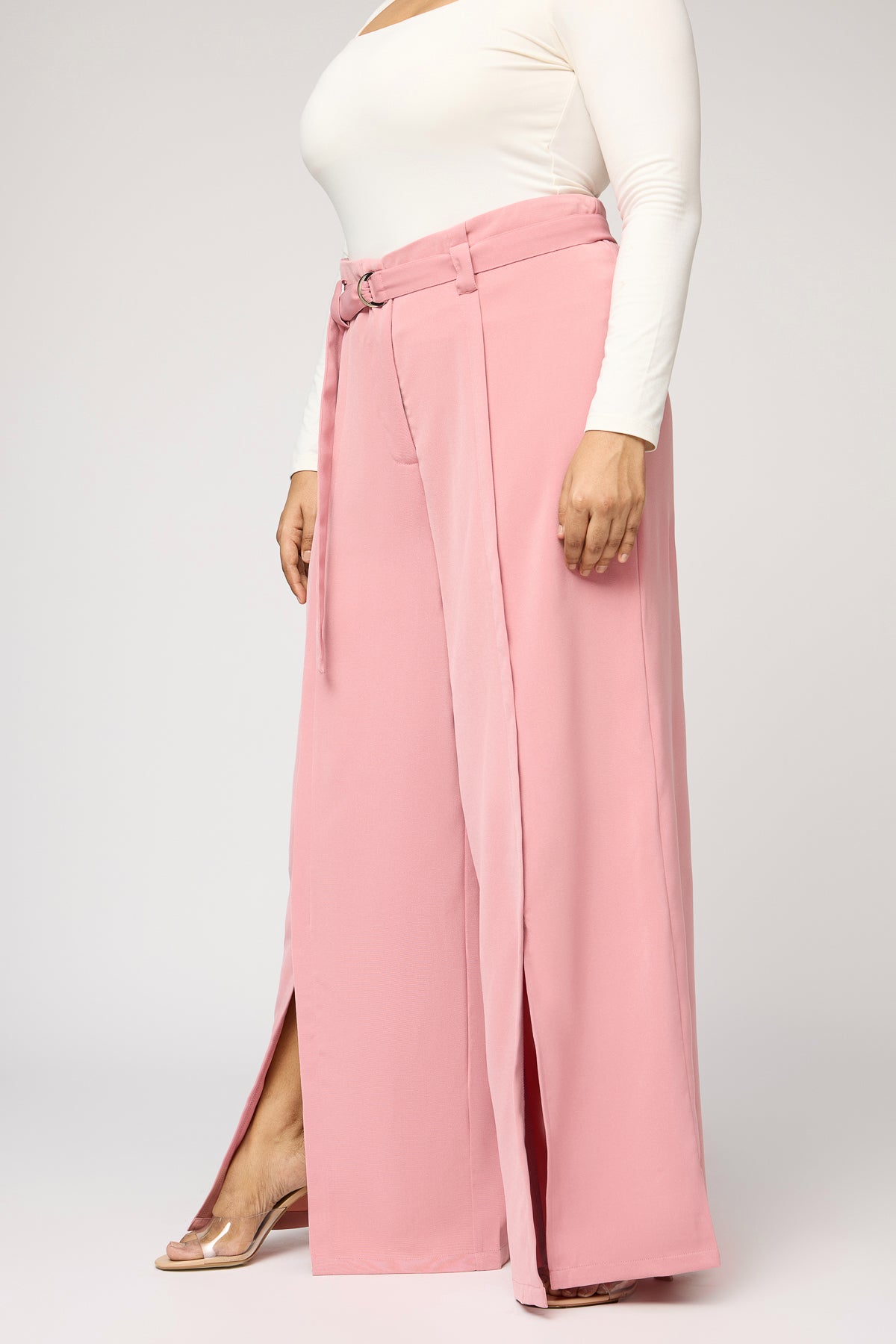 Curve Peony Pink Belted Flared Korean Pants