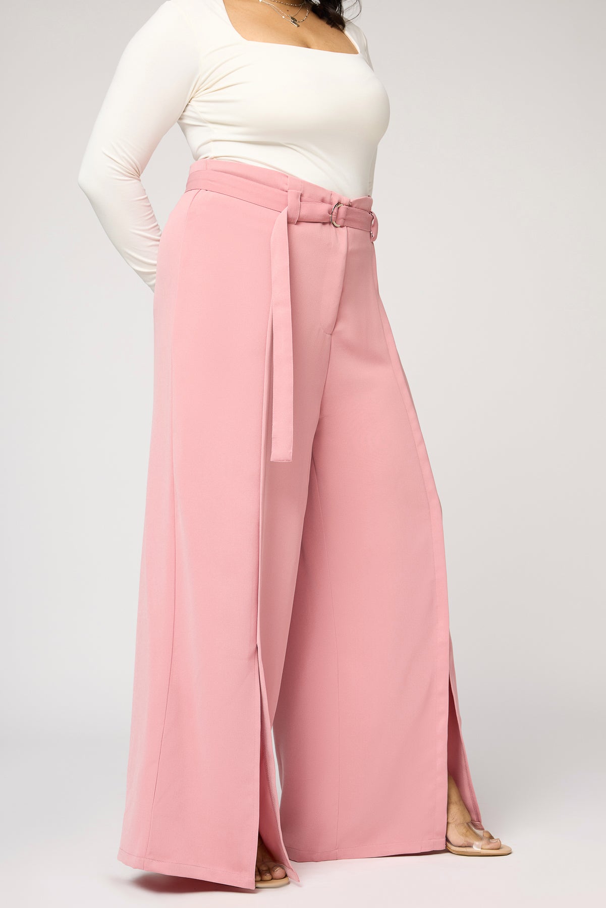 Curve Peony Pink Belted Flared Korean Pants