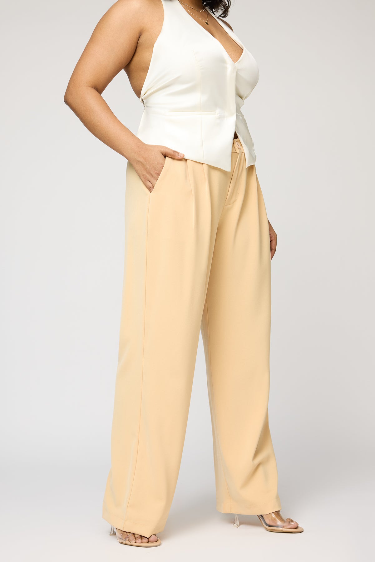 Maple Beige Curve Pleated Straight Korean Pants