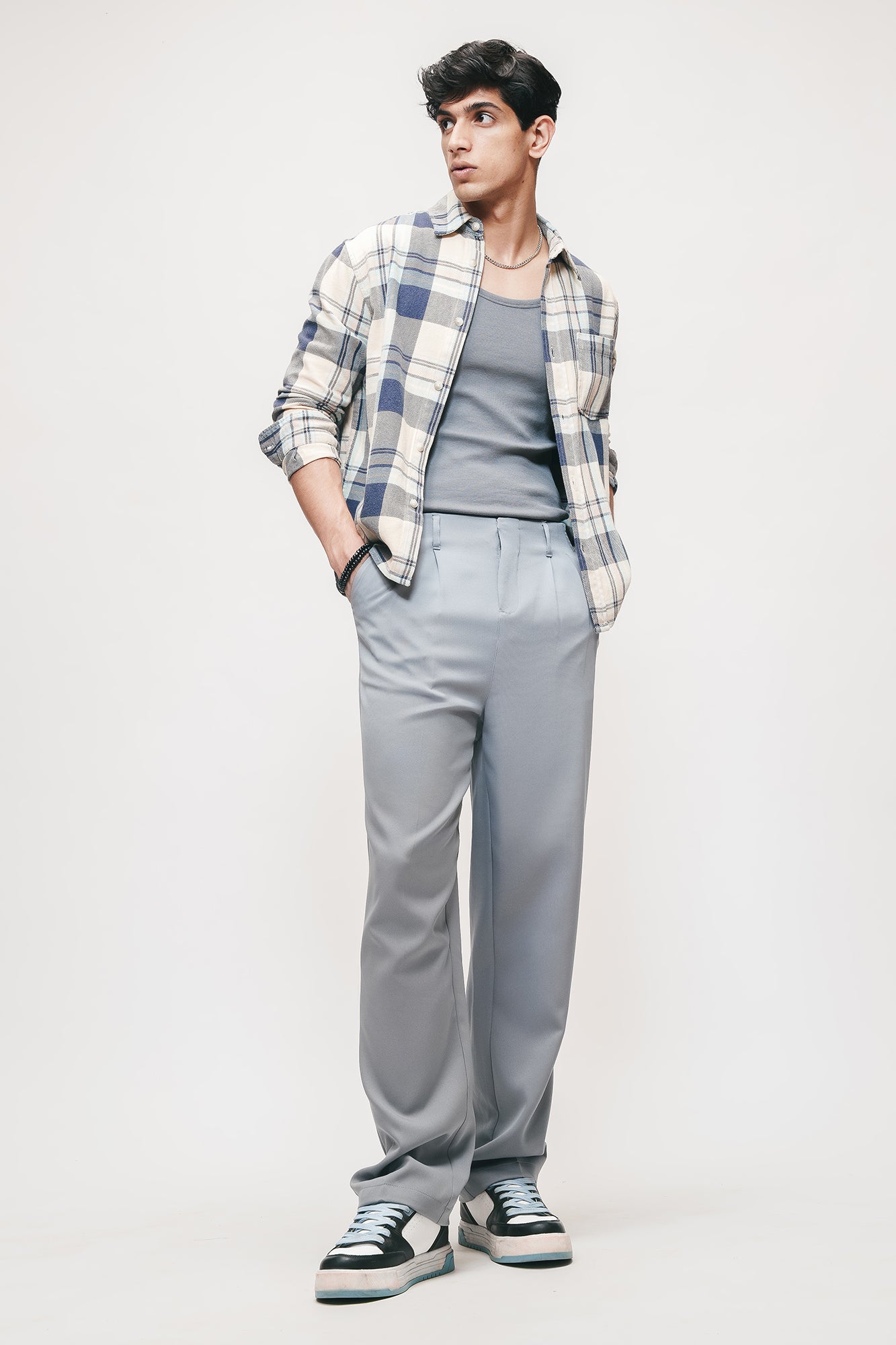 Stone Grey Double Pleated Men's Straight Korean Pants
