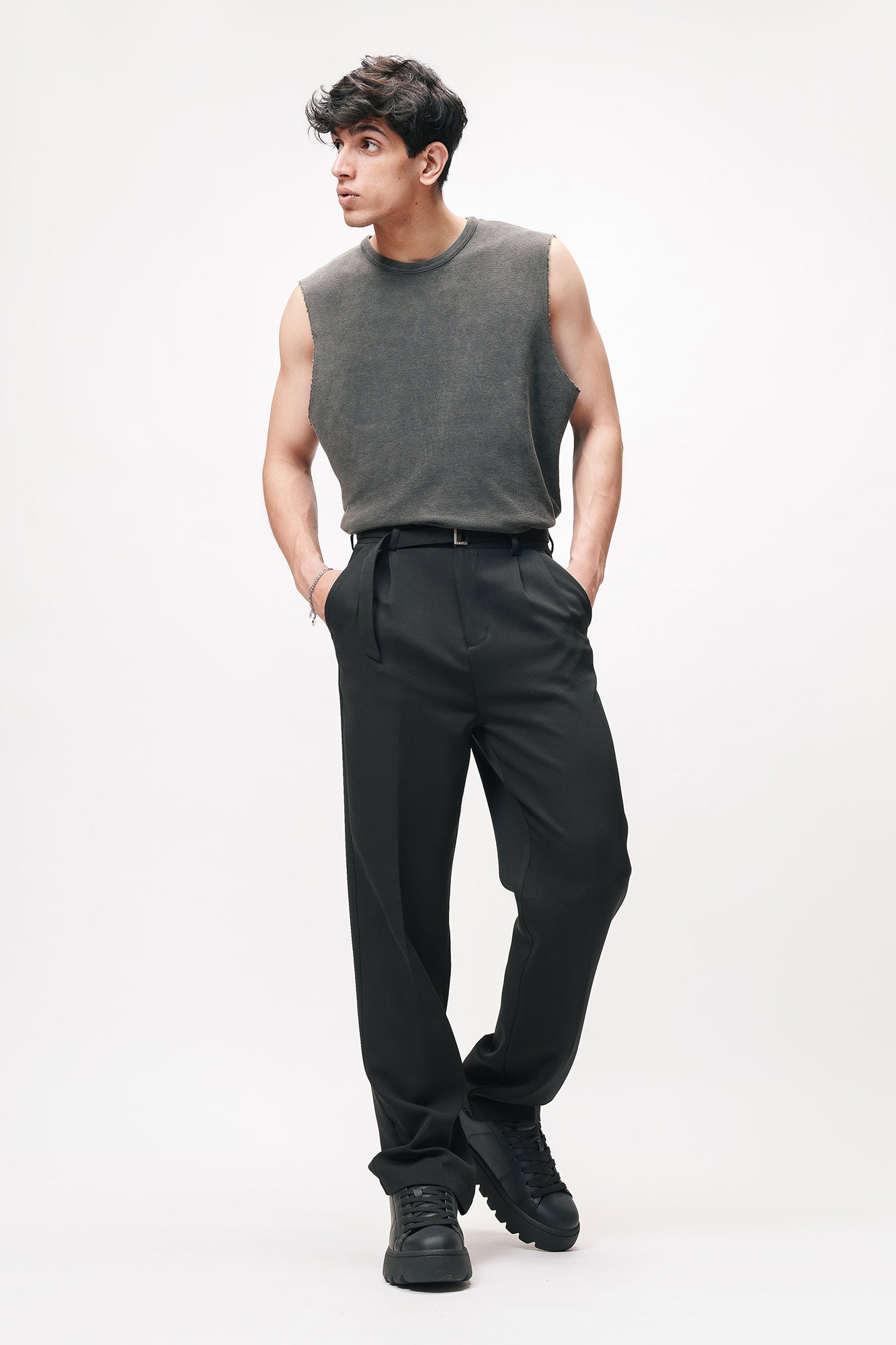 Neo Black Belted Men's Straight Korean Pants