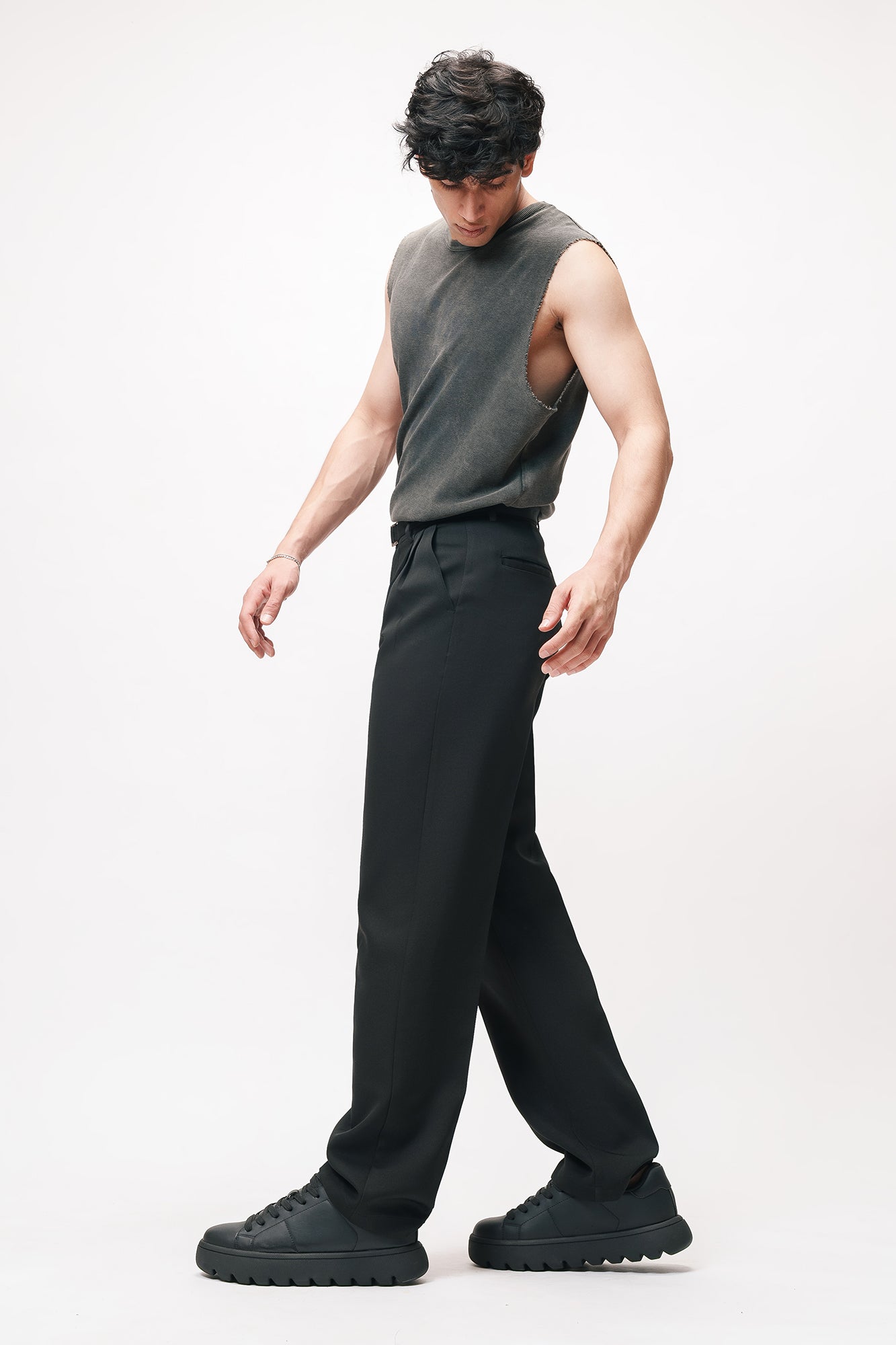 Neo Black Belted Men's Straight Korean Pants