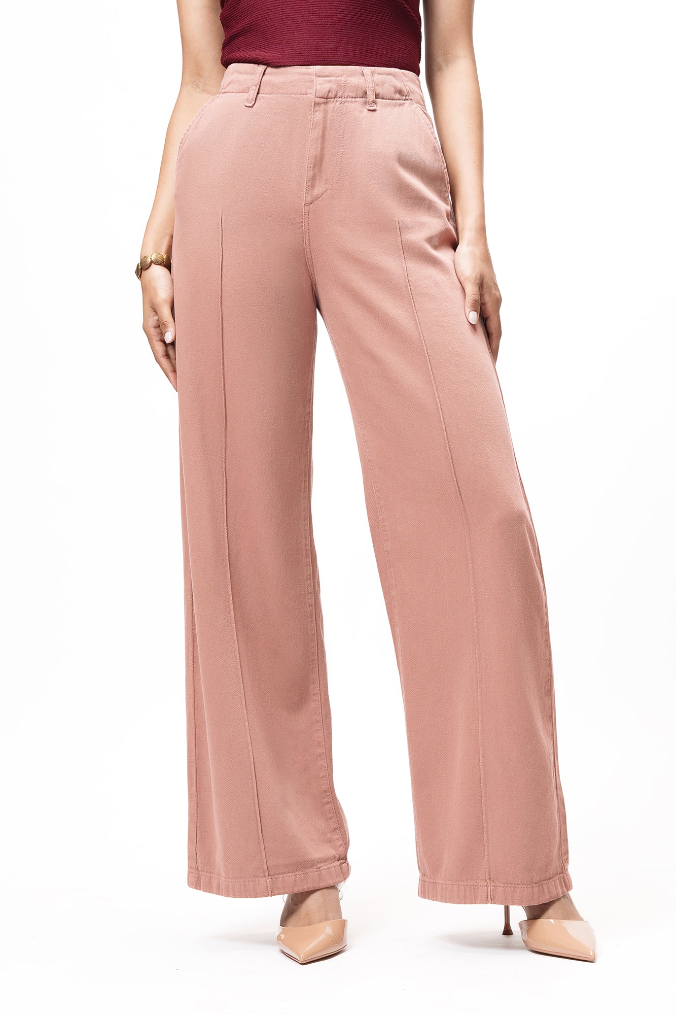 Dusty Rose Pintuck Straight Jeans
