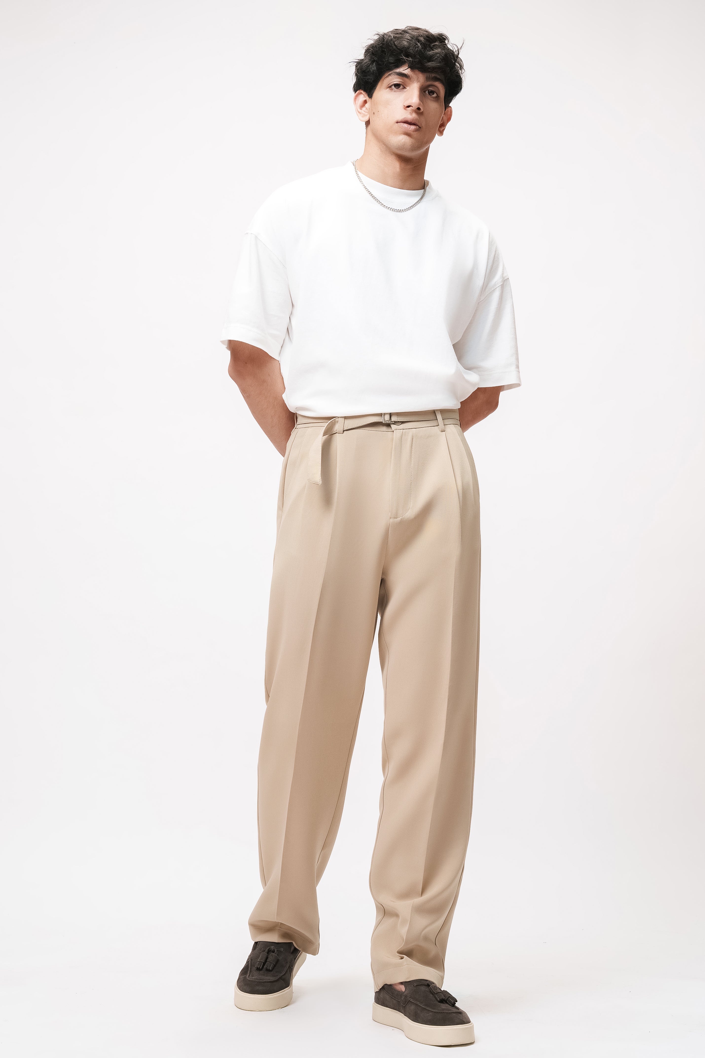Tuscan Beige Belted Men's Straight Korean Pants