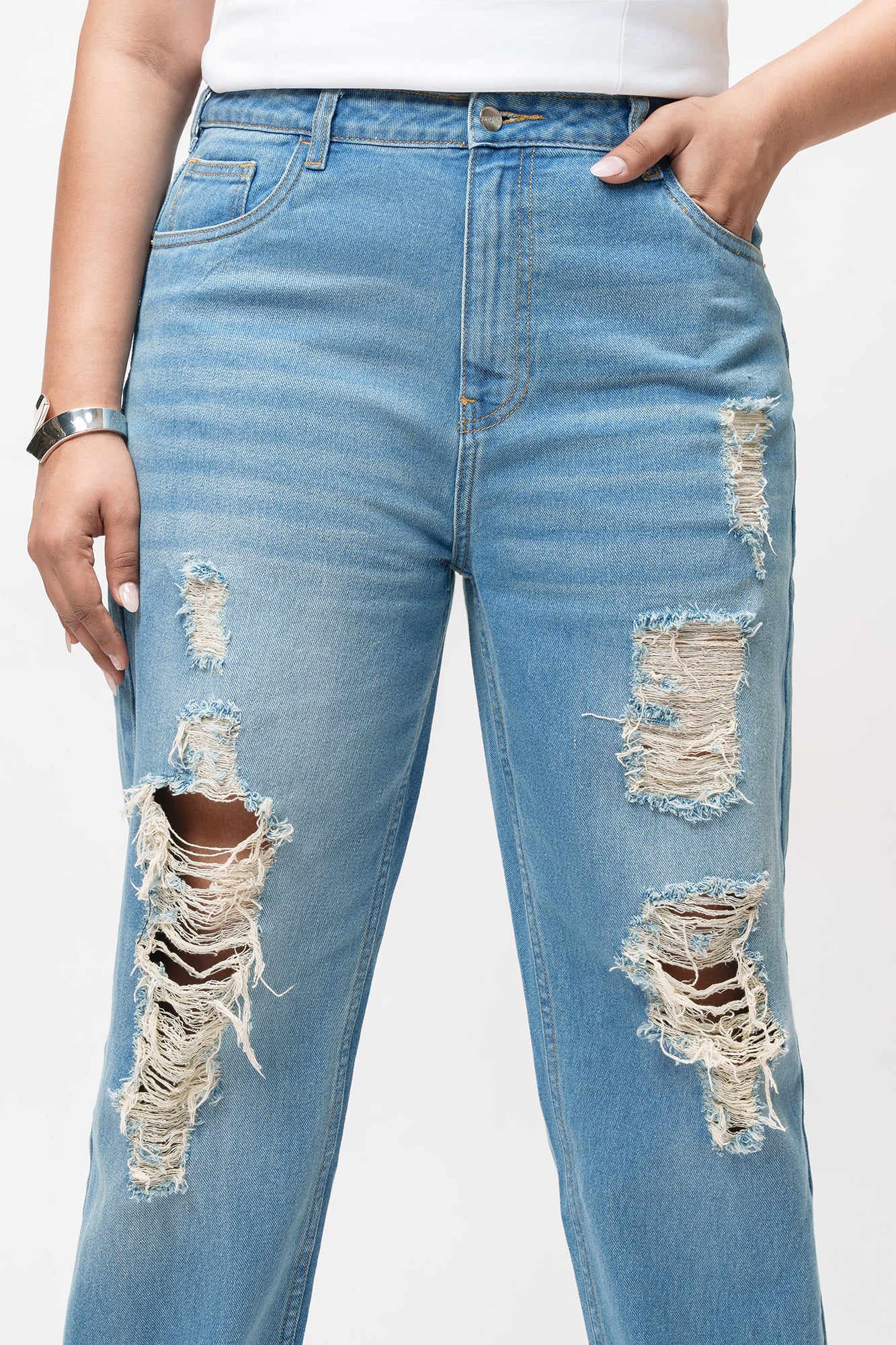 Curve Enigma Blue Distressed Mom Jeans