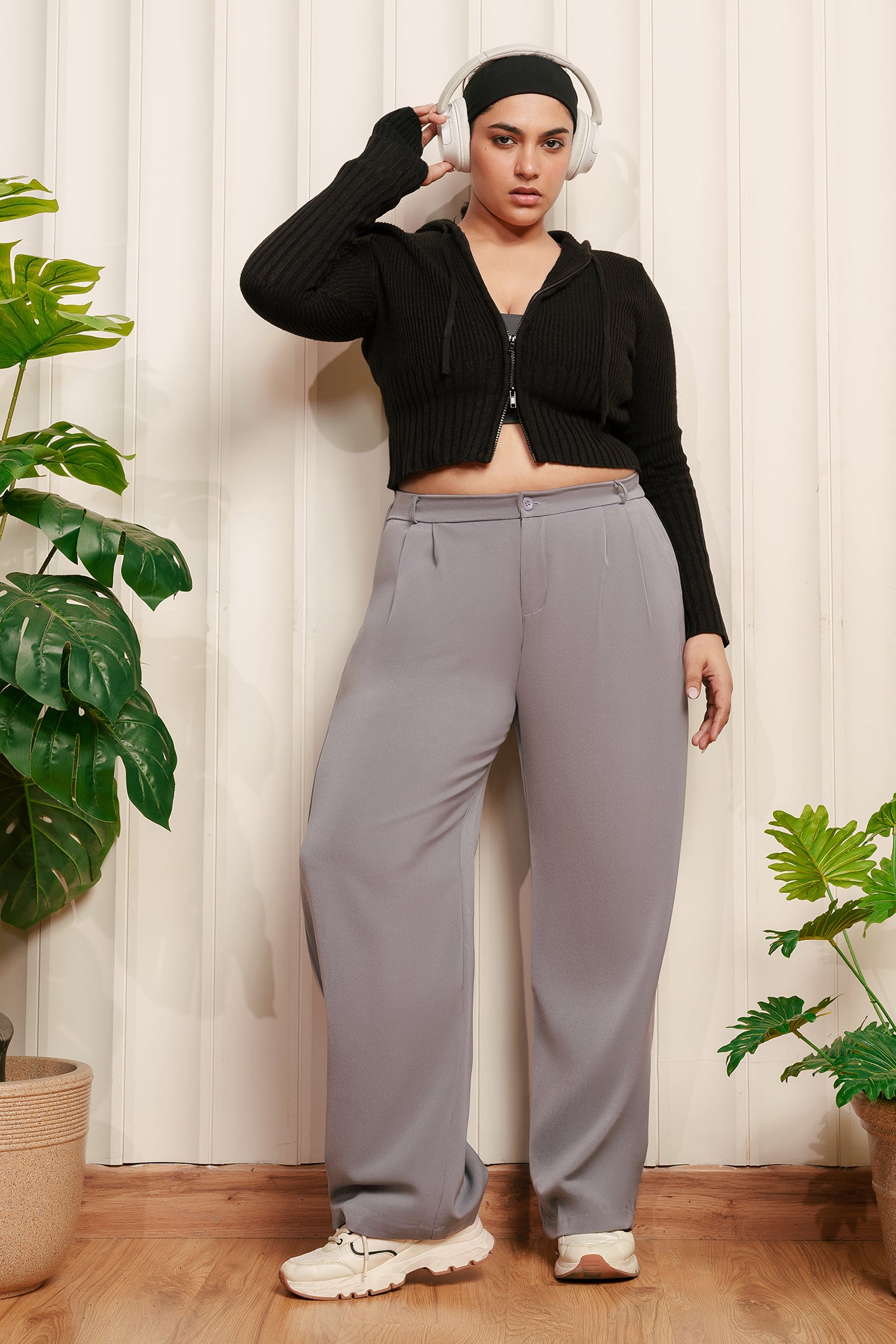 Curve Glute Grey Pleated Straight Korean Pants