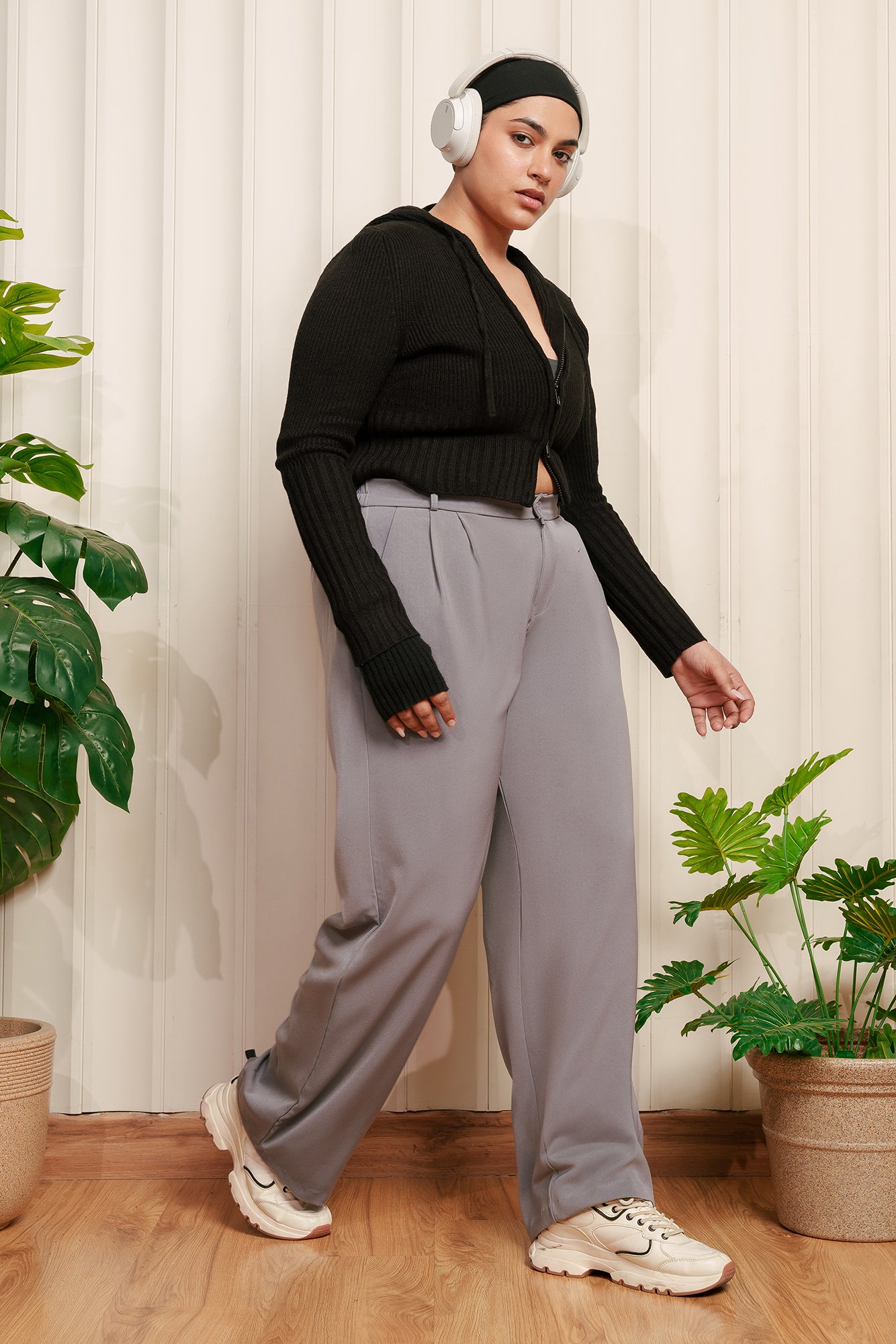 Curve Glute Grey Pleated Straight Korean Pants