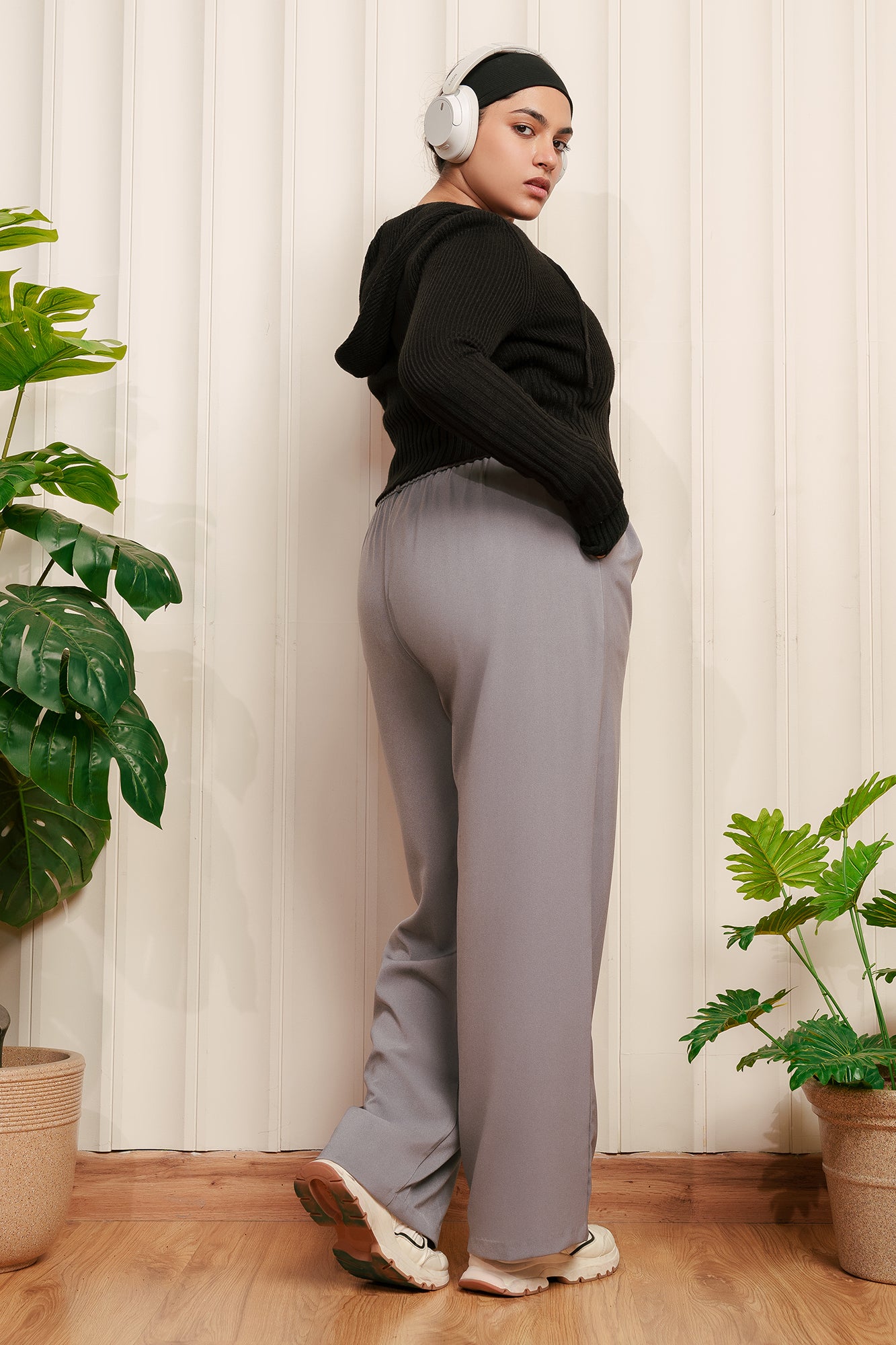 Curve Glute Grey Pleated Straight Korean Pants