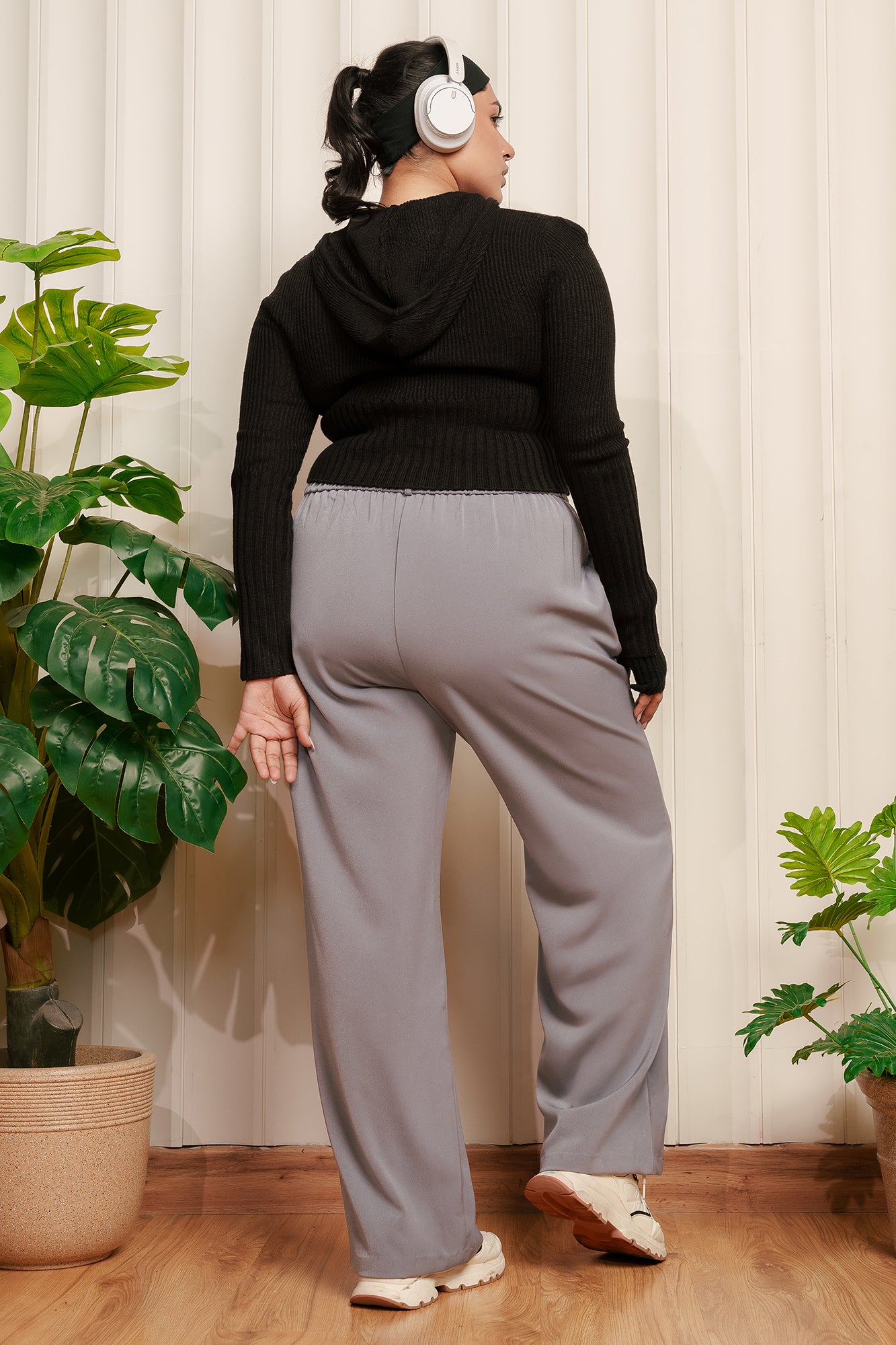 Curve Glute Grey Pleated Straight Korean Pants
