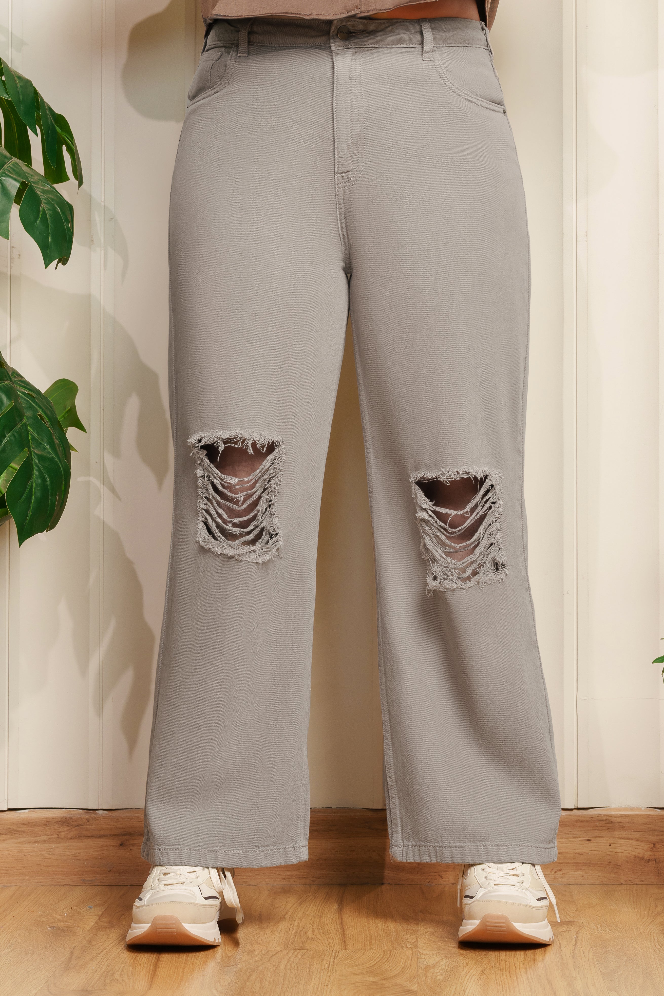 Curve Ash Grey Distress Wide Leg Jeans