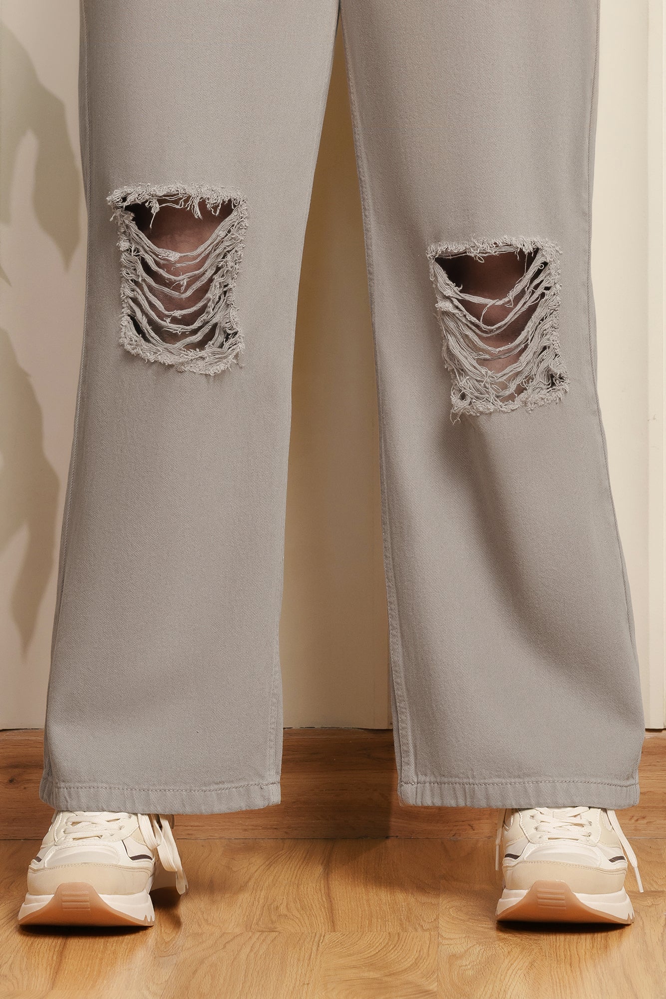 Curve Ash Grey Distress Wide Leg Jeans