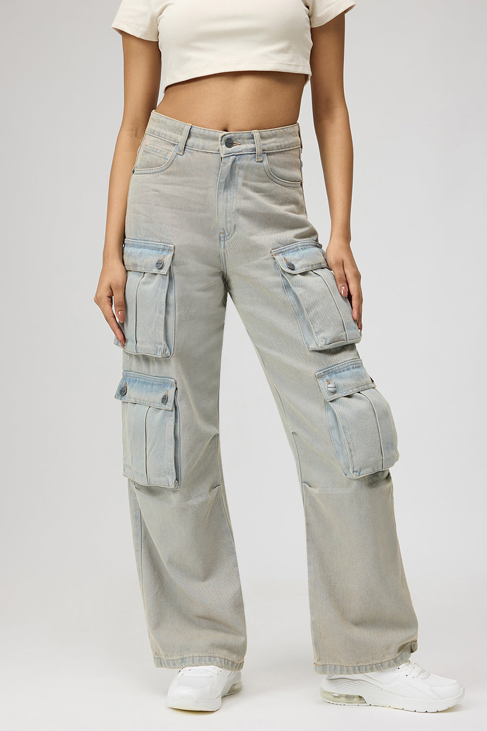 Skyline Blue Street Style Women's Baggy Straight Cargo Jeans