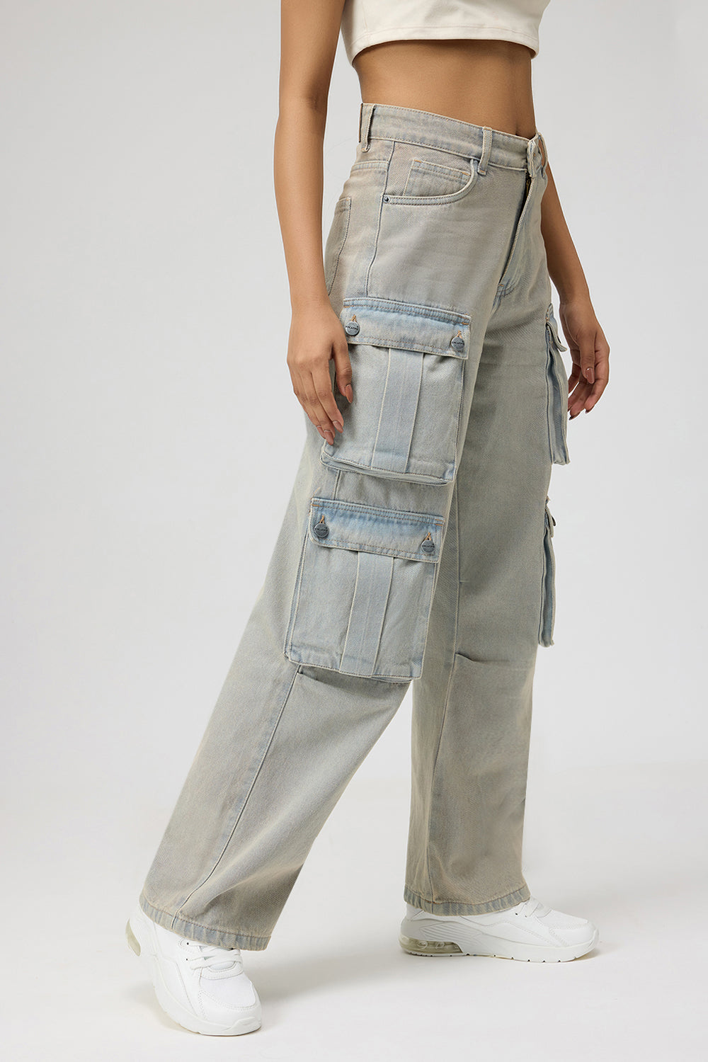 Skyline Blue Street Style Women's Baggy Straight Cargo Jeans