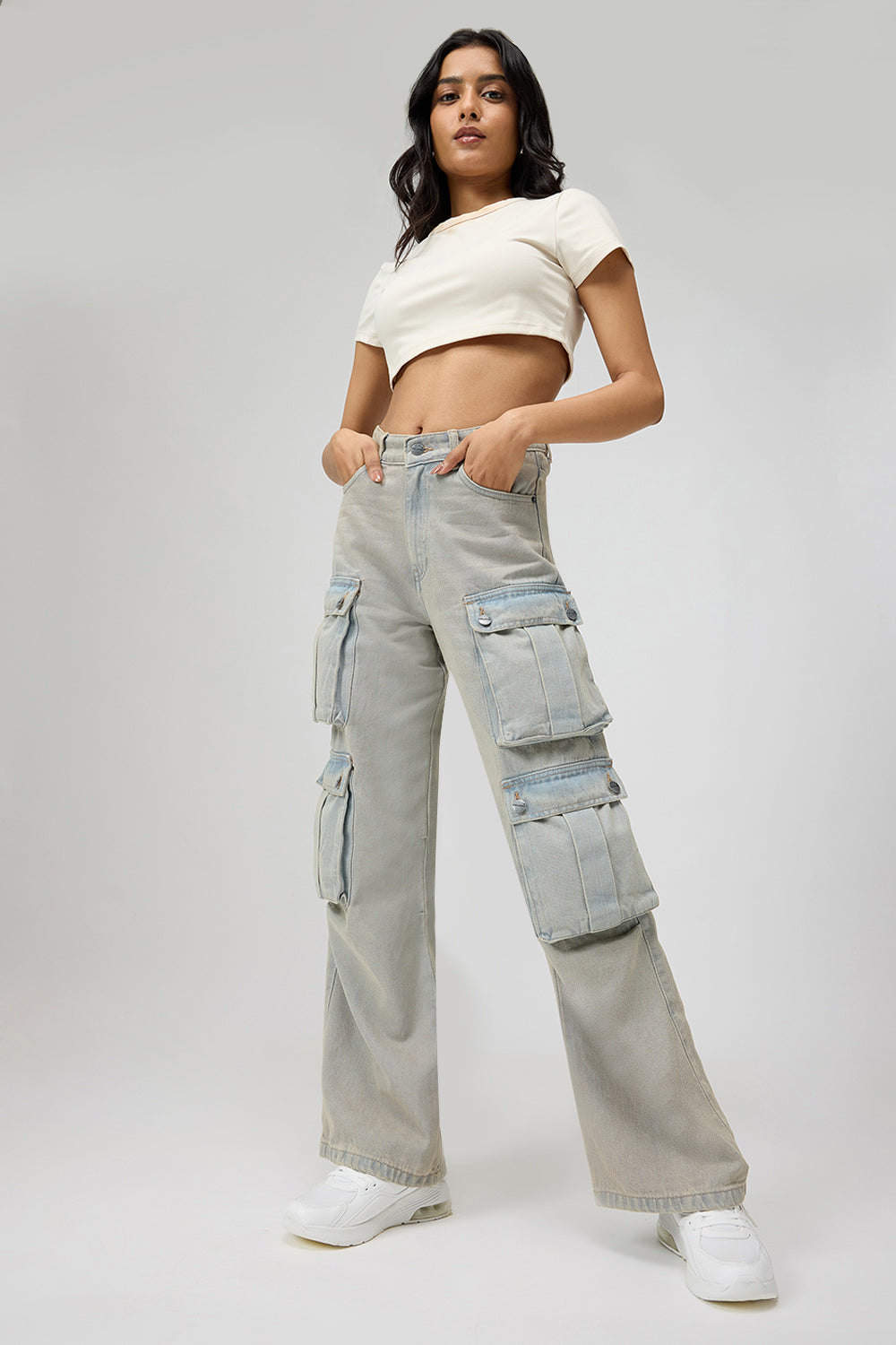Skyline Blue Street Style Women's Baggy Straight Cargo Jeans
