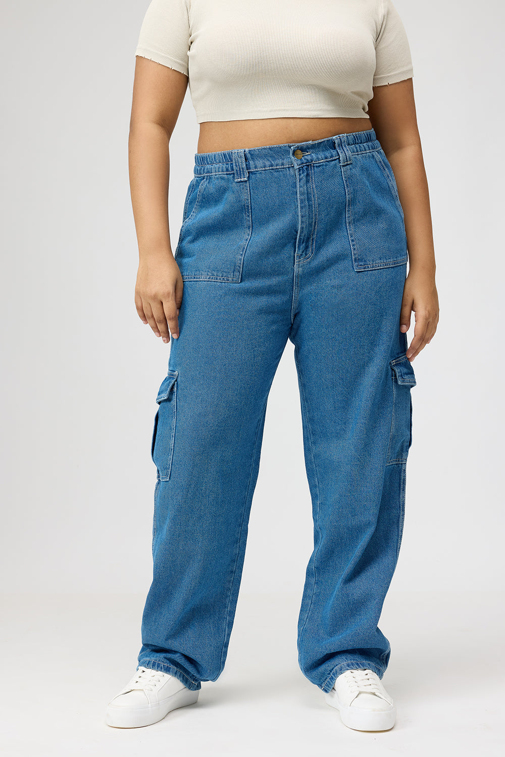 Curve Mid Blue Straight Cargo Jeans