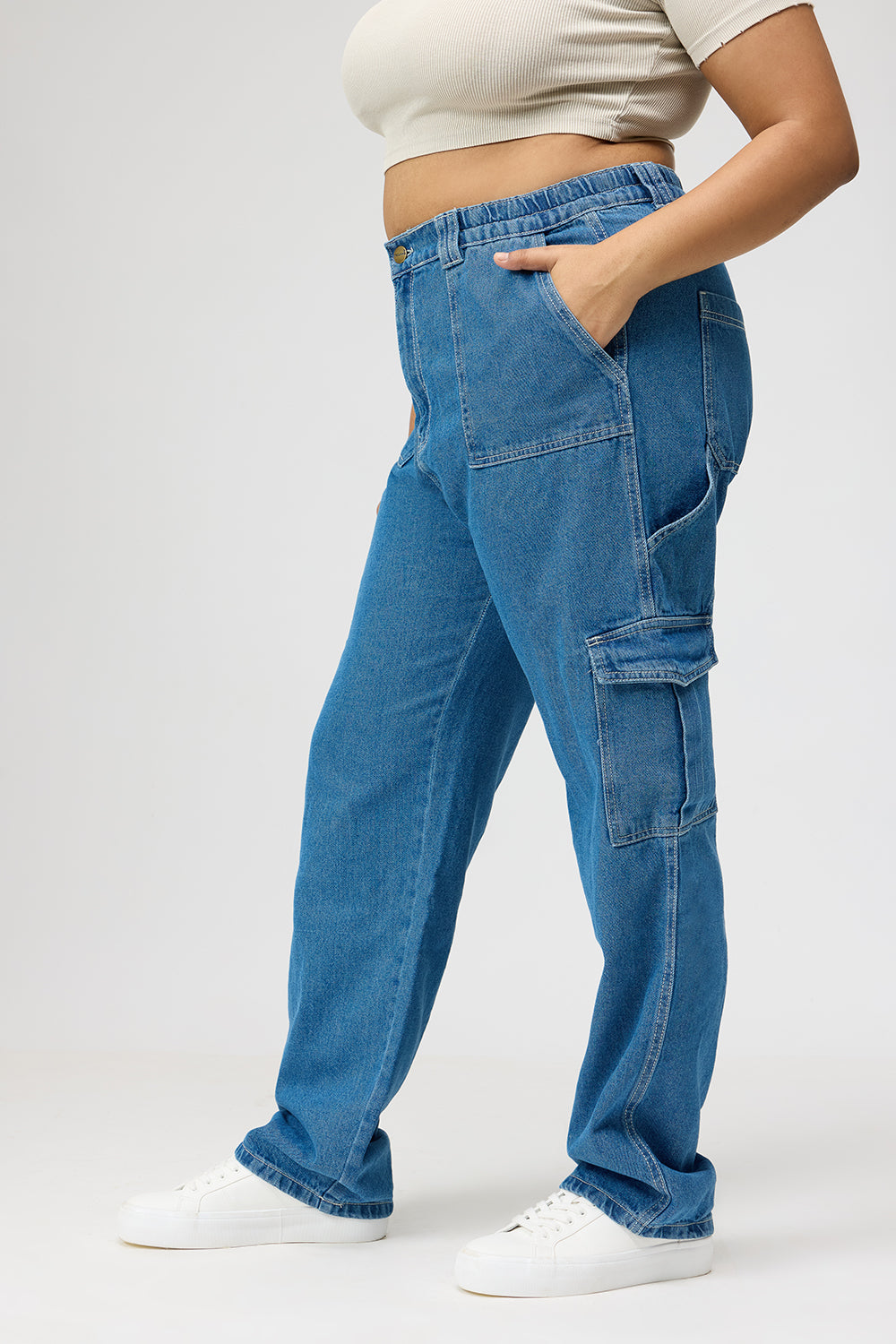 Curve Mid Blue Straight Cargo Jeans