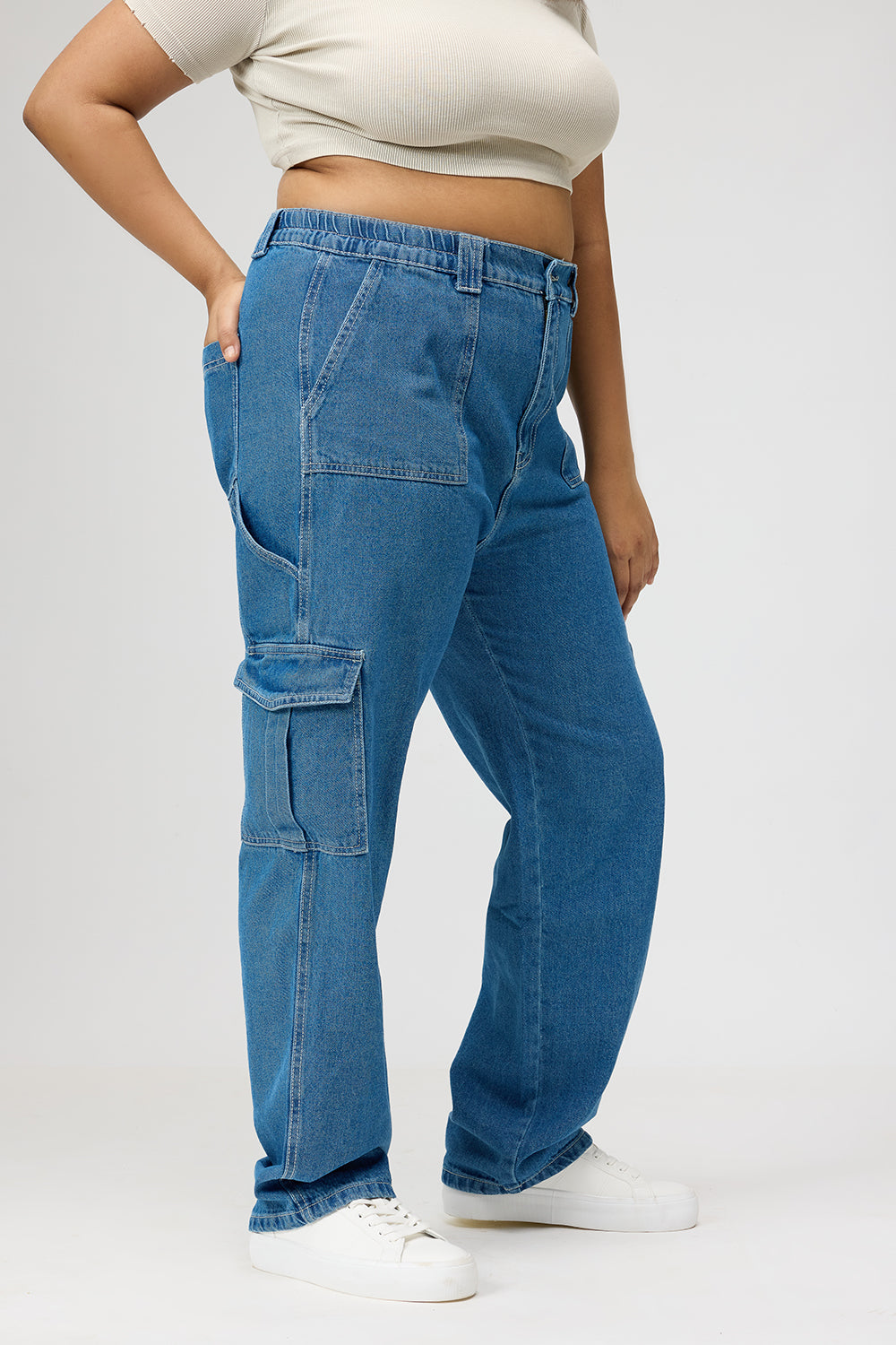 Curve Mid Blue Straight Cargo Jeans