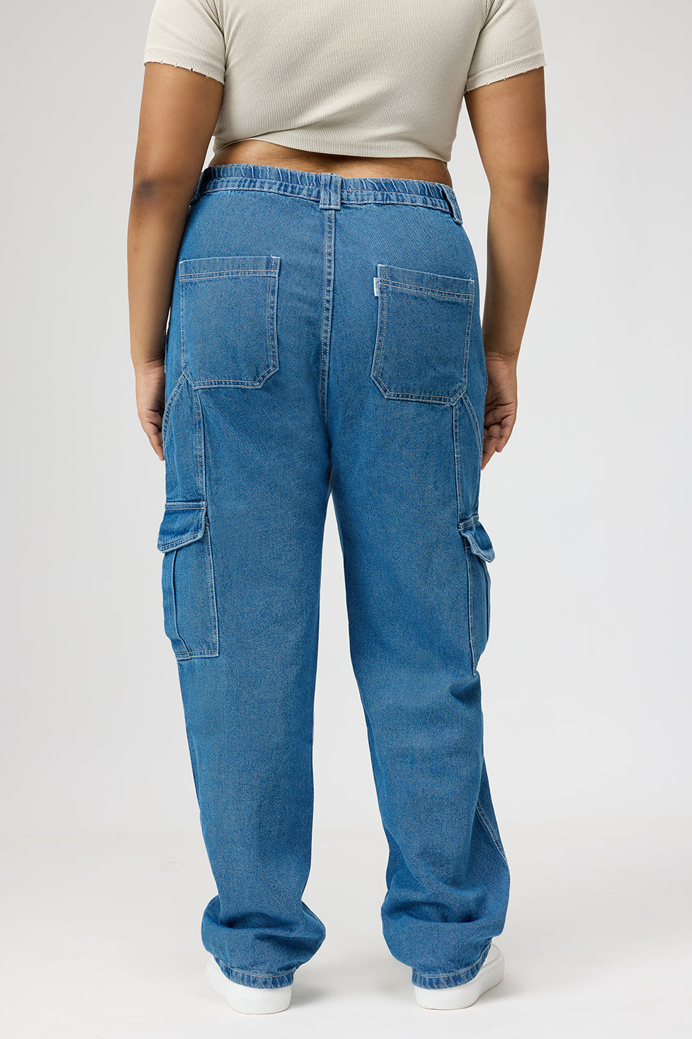 Curve Mid Blue Straight Cargo Jeans
