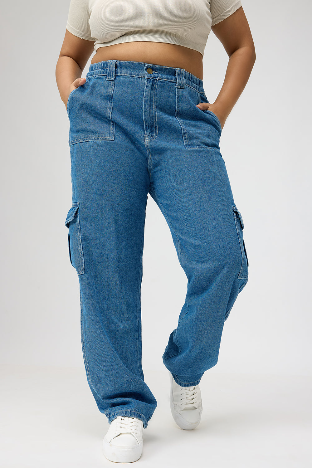Curve Mid Blue Straight Cargo Jeans