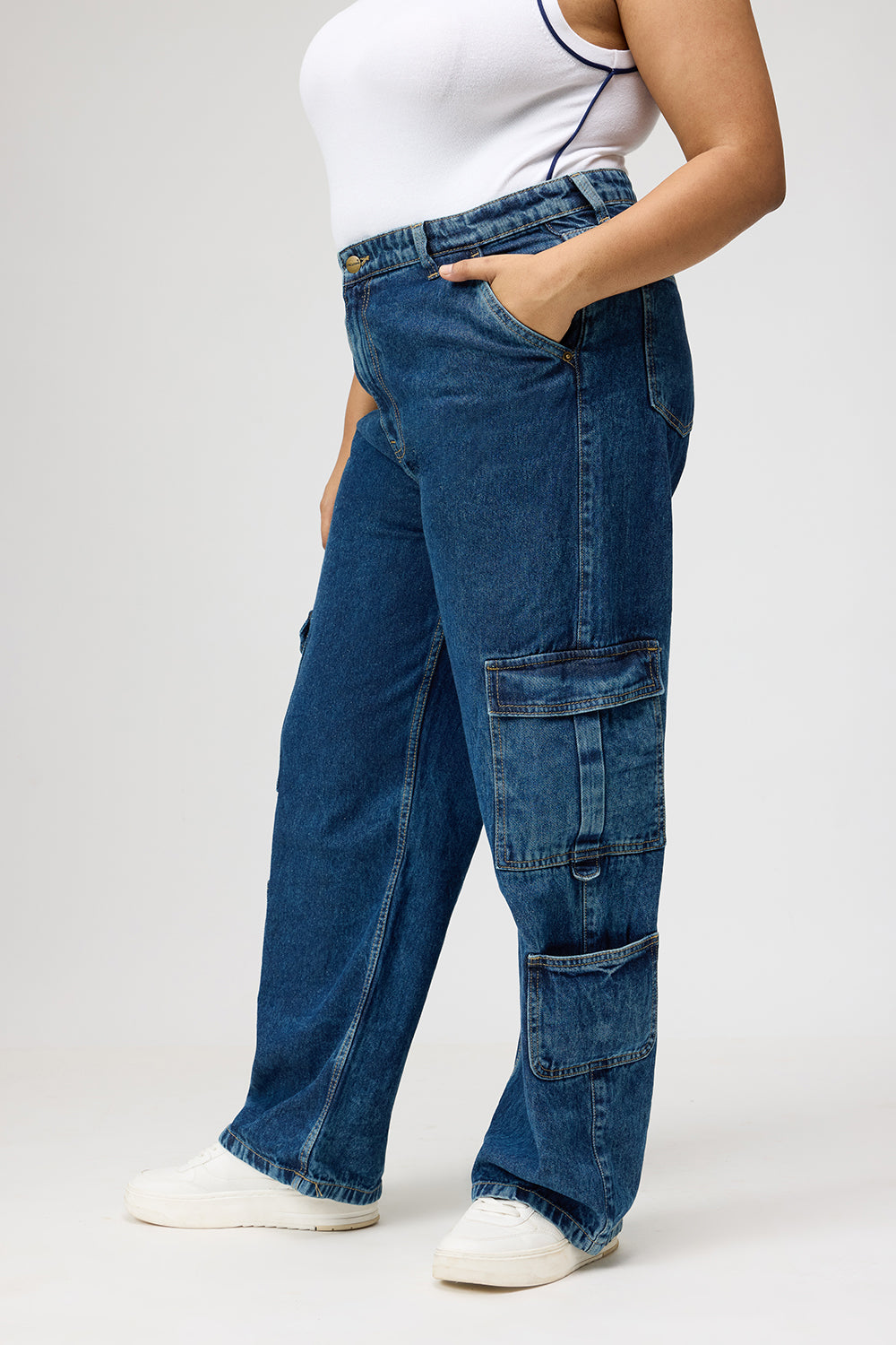 Curve Dark Blue Baggy Straight Cargo Jeans