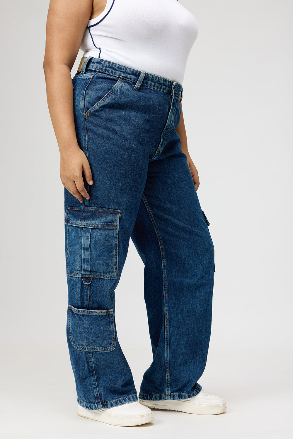 Curve Dark Blue Baggy Straight Cargo Jeans