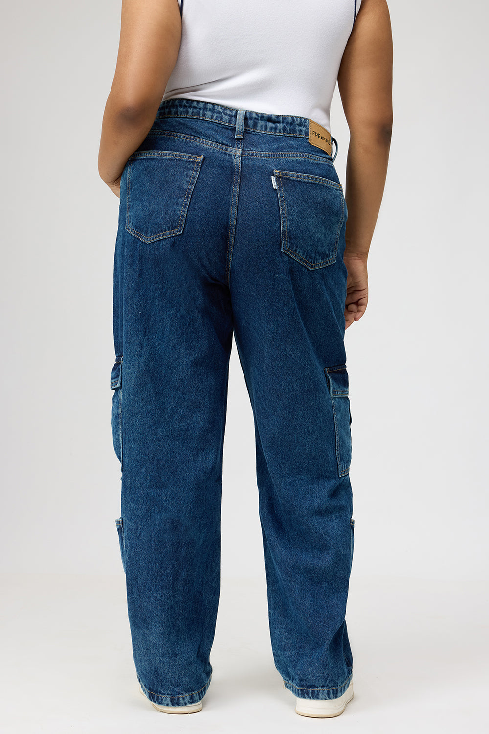 Curve Dark Blue Baggy Straight Cargo Jeans