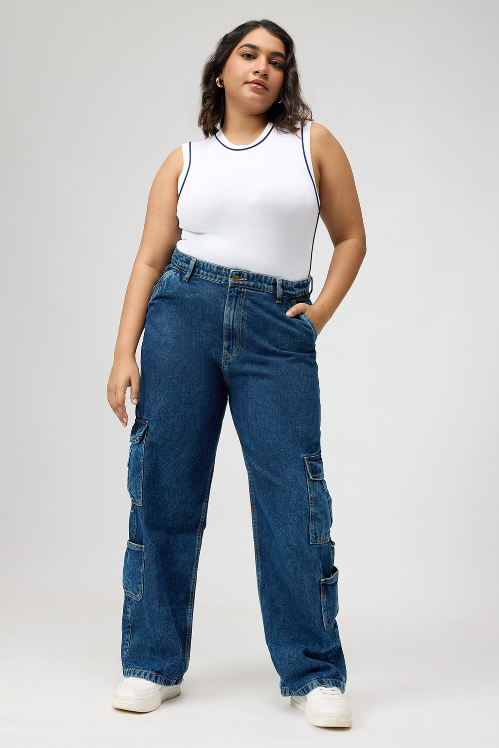 Curve Dark Blue Baggy Straight Cargo Jeans