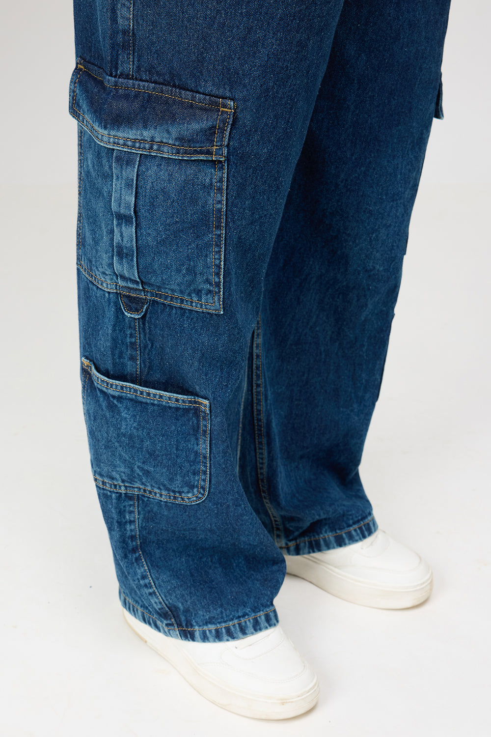 Curve Dark Blue Baggy Straight Cargo Jeans