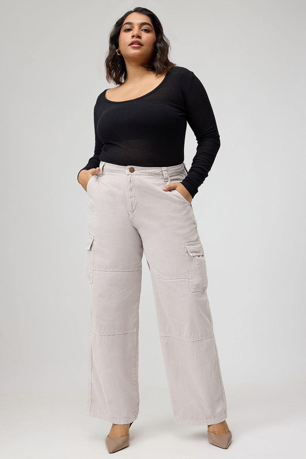Curve Cream Wide Cargo Jeans