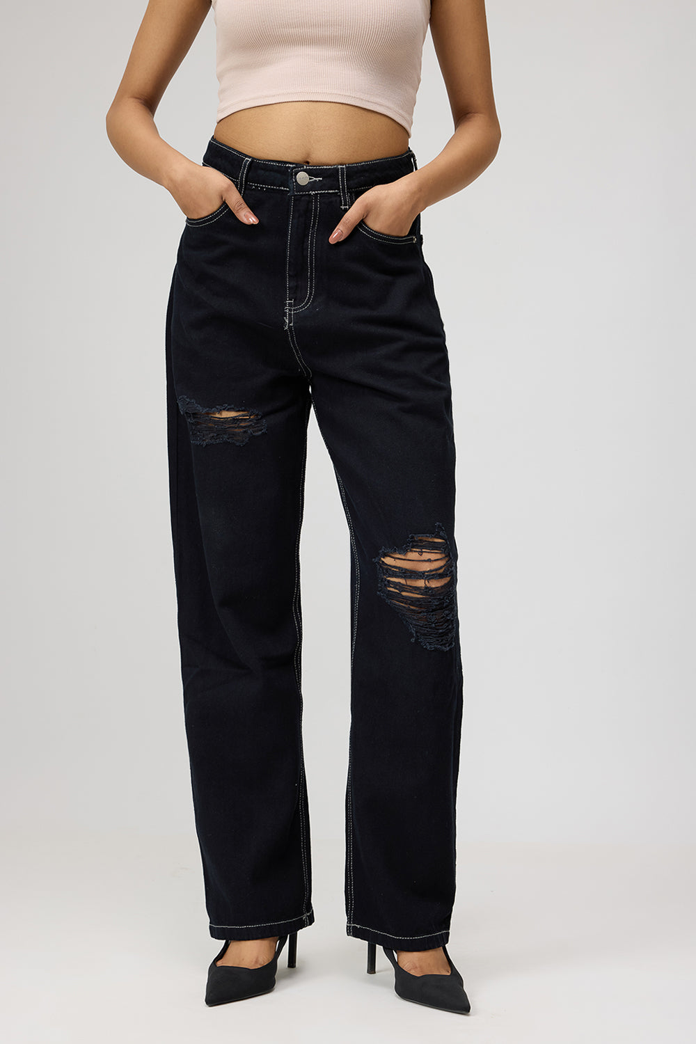 Black High-Rise Distressed Women's Straight Leg Jeans
