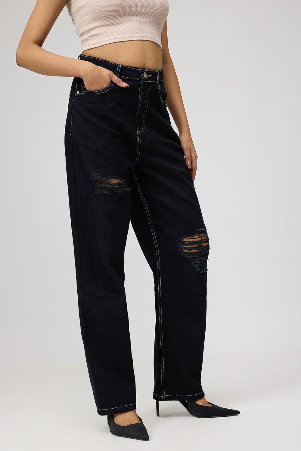 Black High-Rise Distressed Women's Straight Leg Jeans