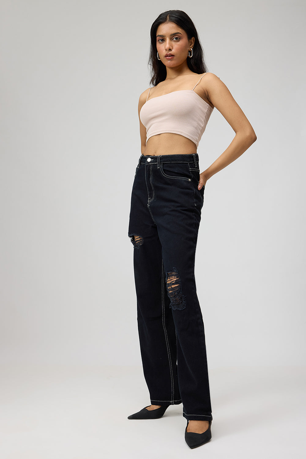 Black High-Rise Distressed Women's Straight Leg Jeans