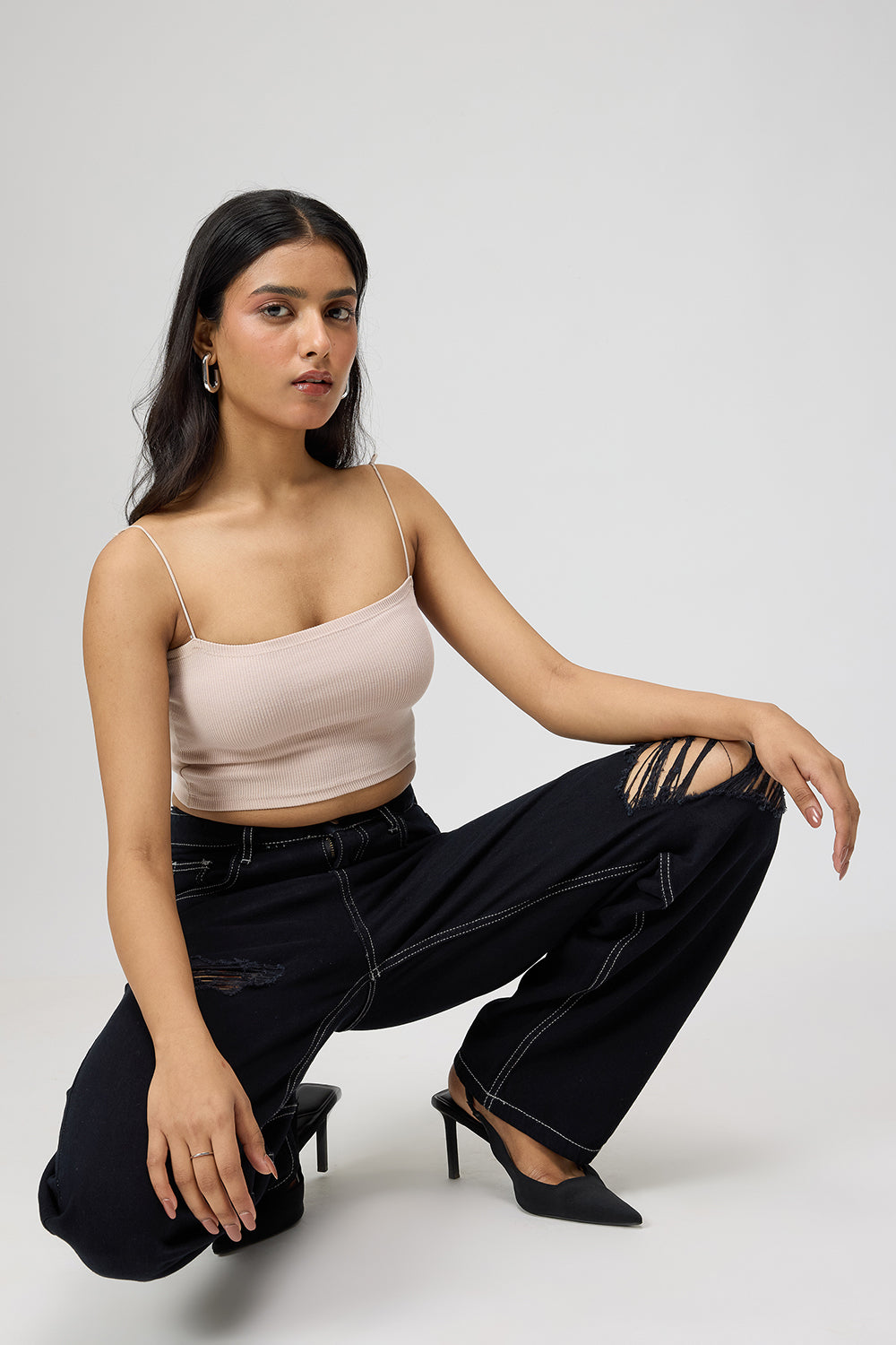 Black High-Rise Distressed Women's Straight Leg Jeans