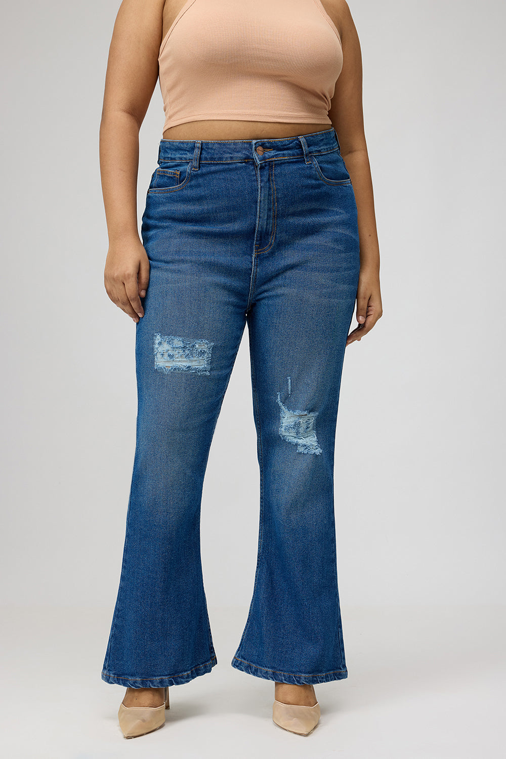 Curve Blue Distress Bootcut Jeans