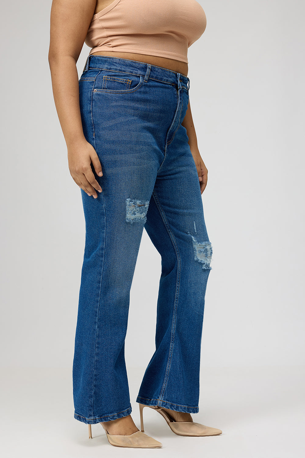 Curve Blue Distress Bootcut Jeans