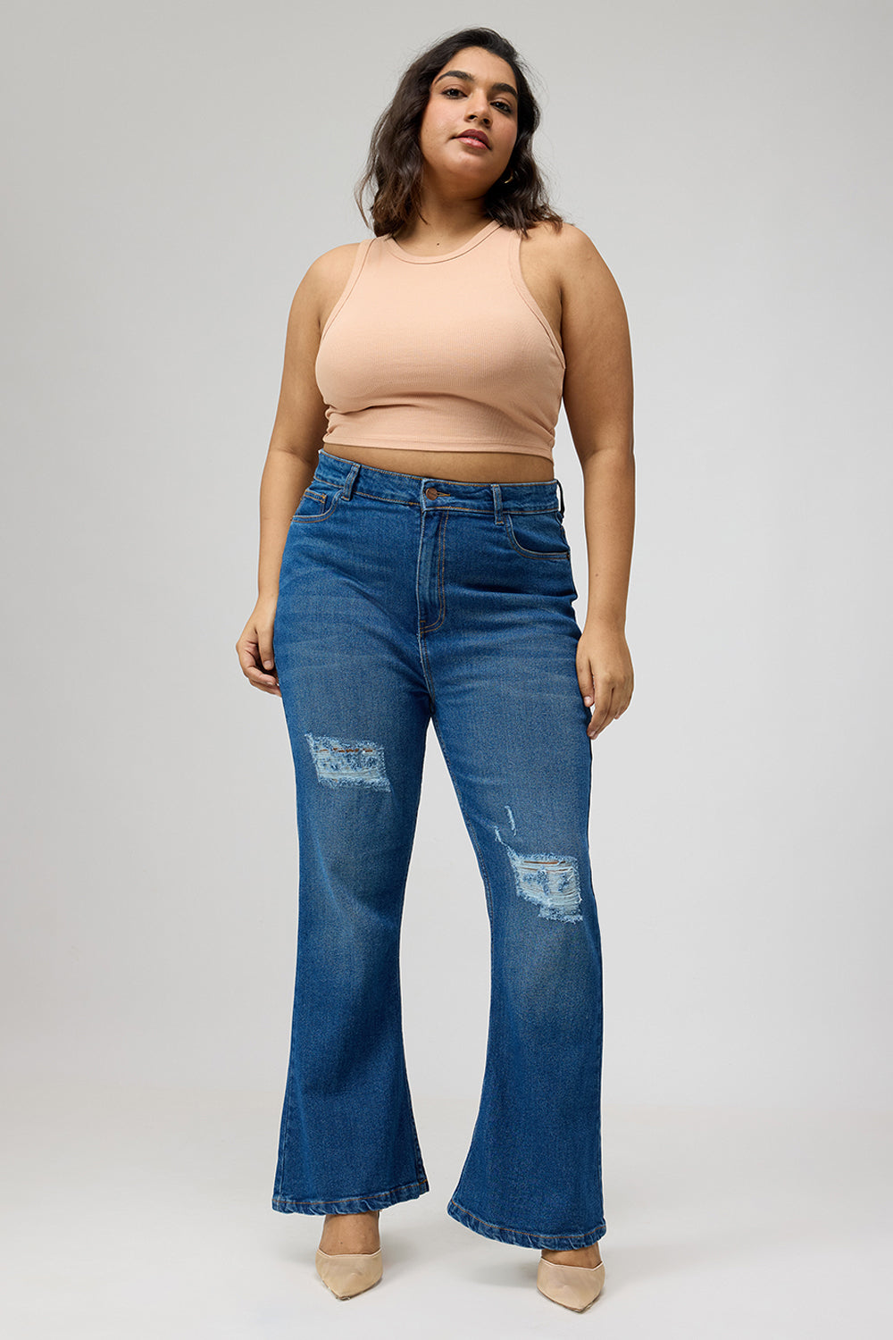 Curve Blue Distress Bootcut Jeans