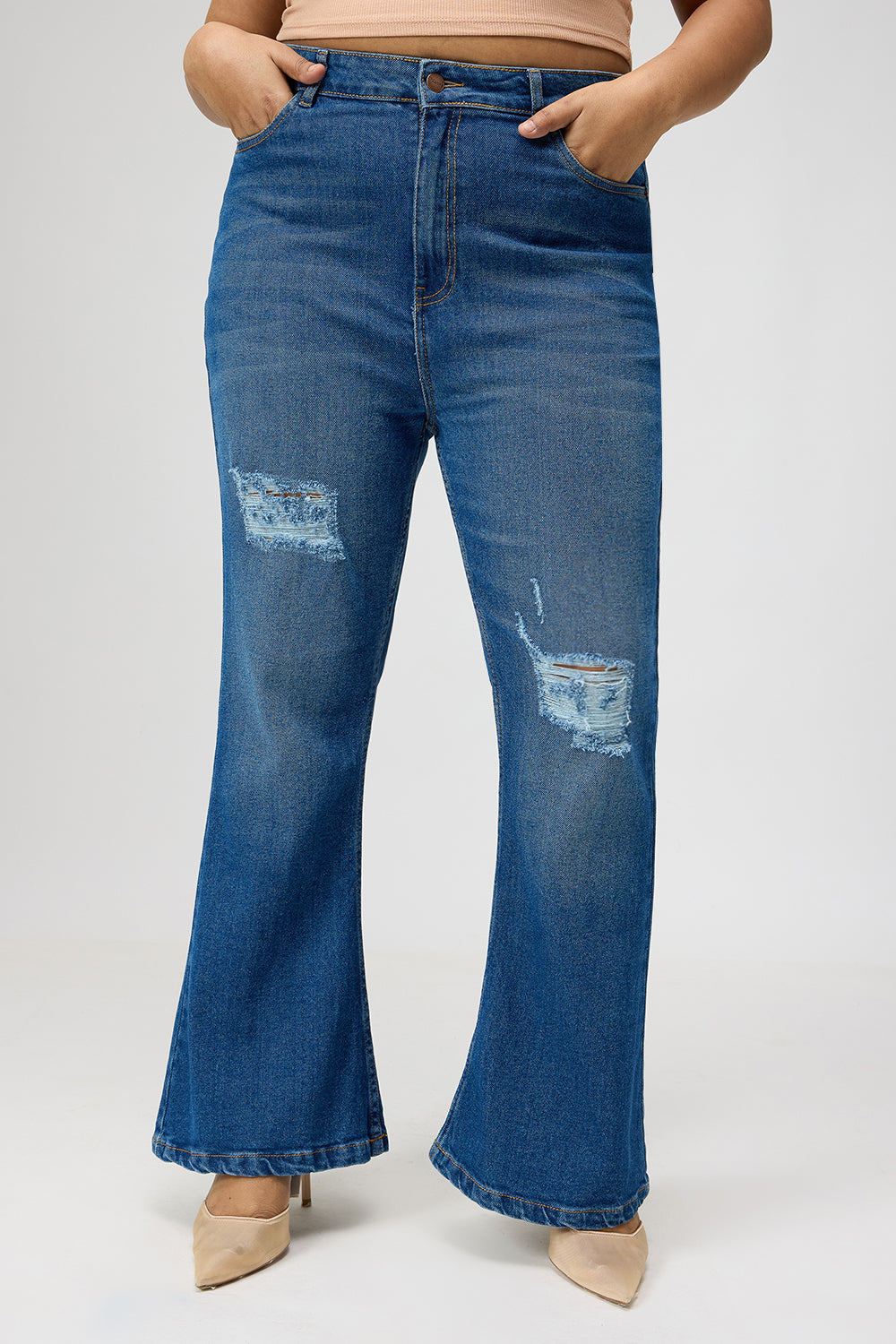Curve Blue Distress Bootcut Jeans
