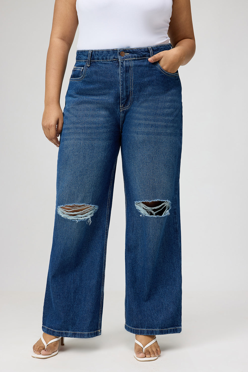Curve Blue Ripped Wide Jeans