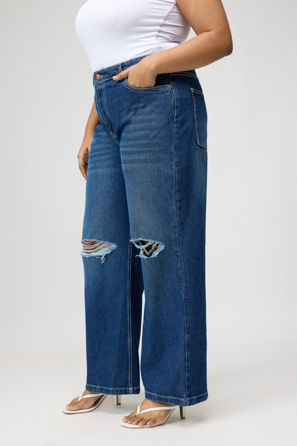 Curve Blue Ripped Wide Jeans