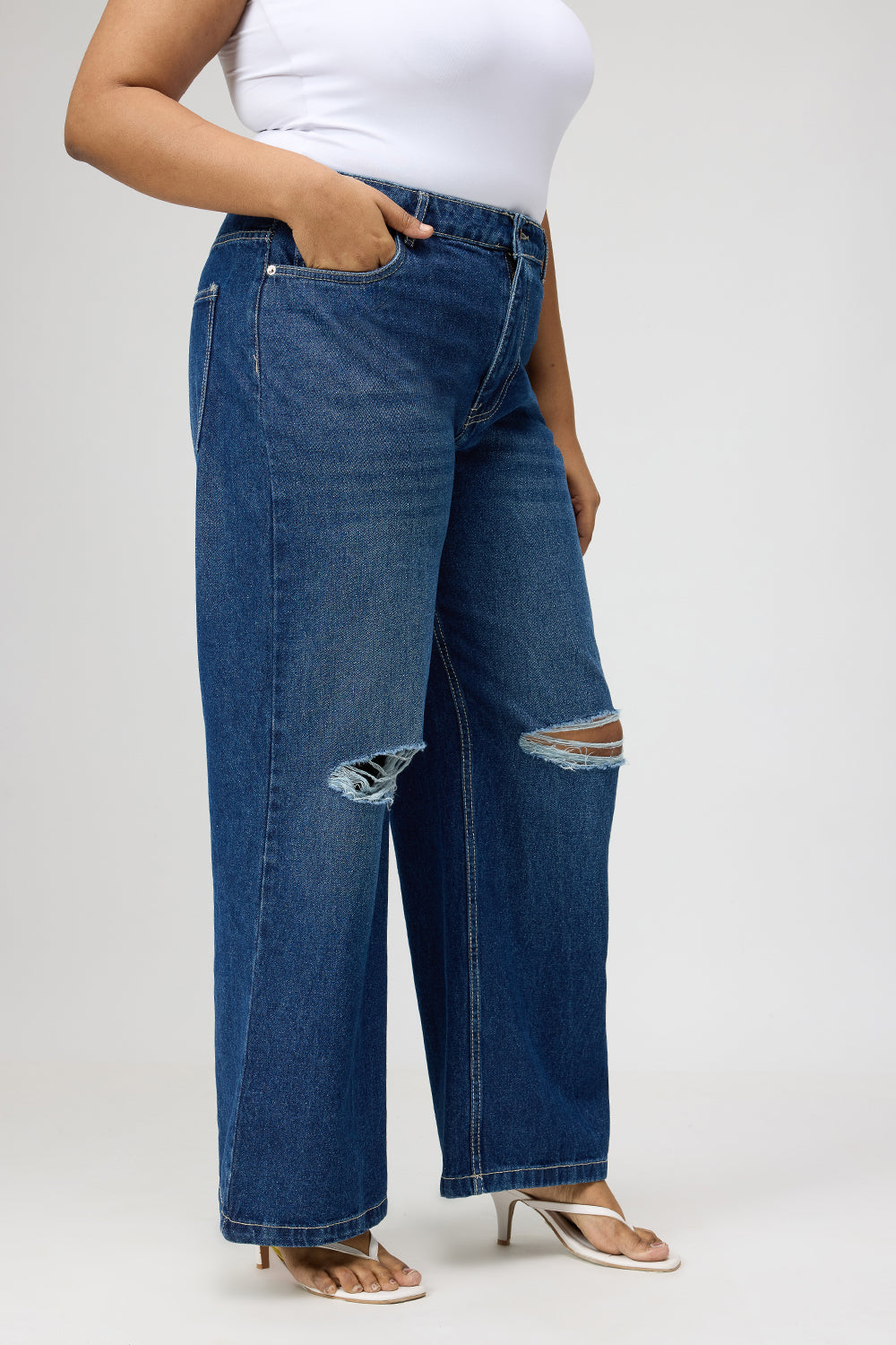 Curve Blue Ripped Wide Jeans