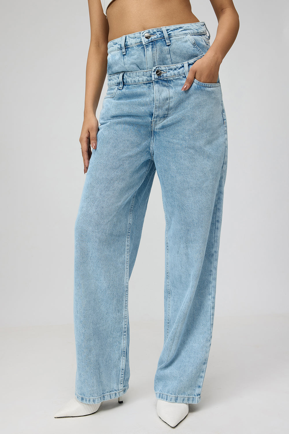 Dual Flap Light Blue Straight Leg Jeans